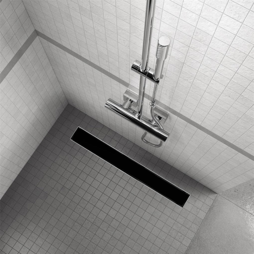 Ralo de duche linear em aço inox com tampa em vidro preto modelo R3