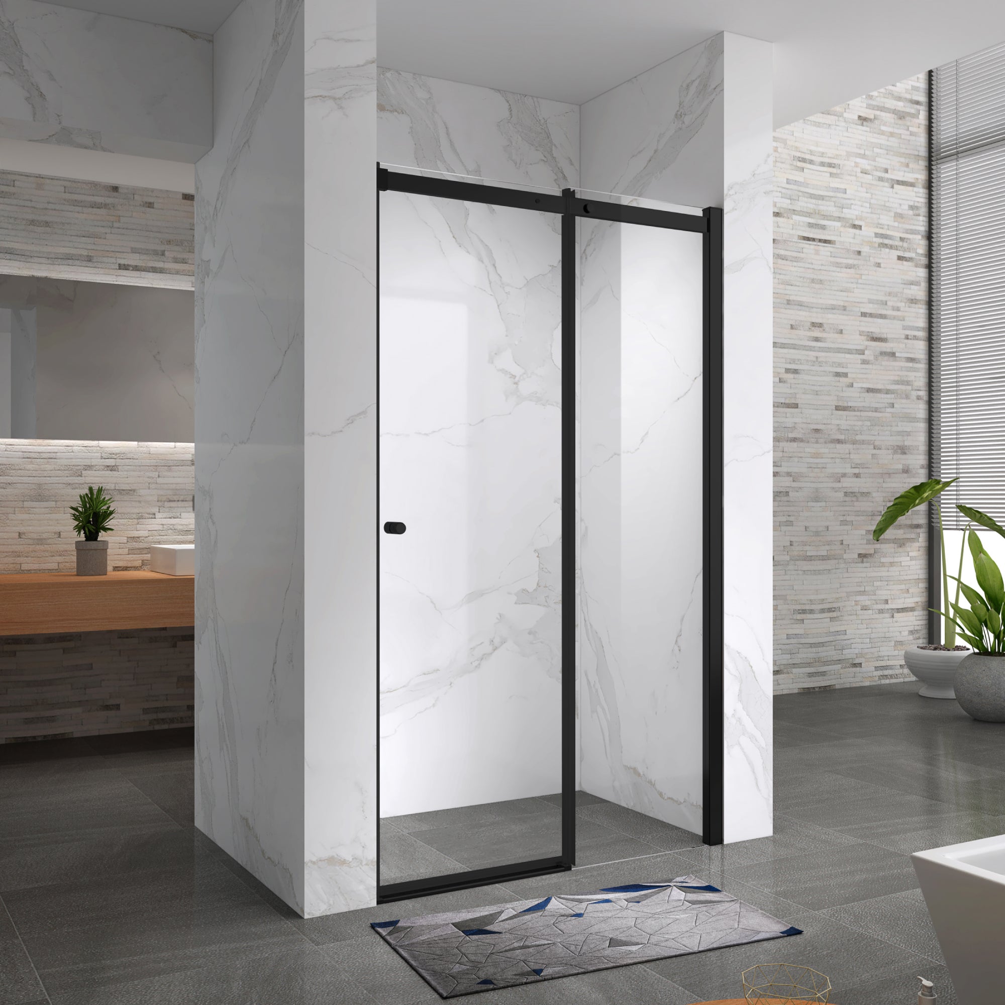 KAYLEE - Puerta de ducha reversible con puerta corredera, cristal de 6 mm y perfil negro mate