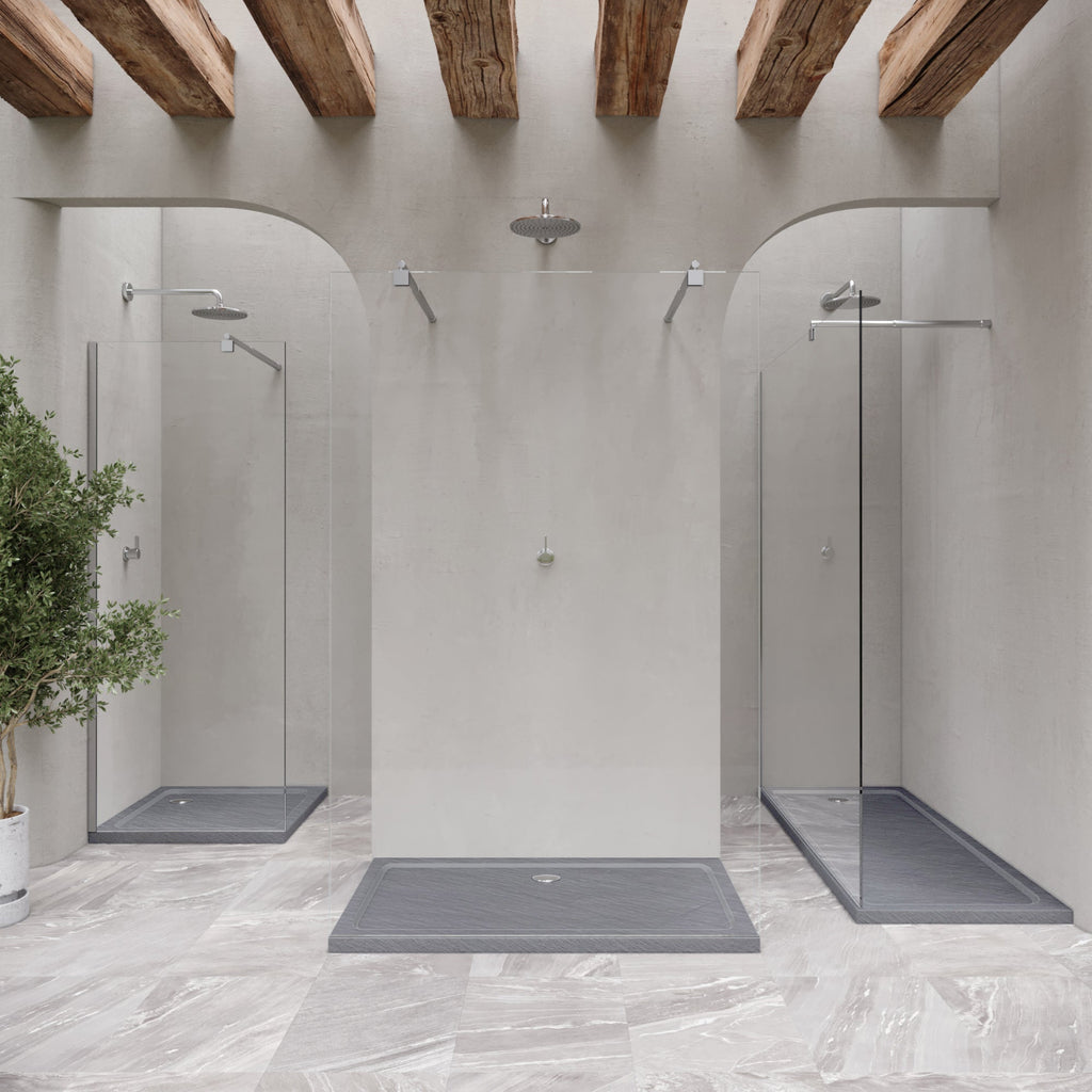 SHIMMER - Plato de ducha acrílico efecto piedra extraplano con acabado gris y sifón incluido