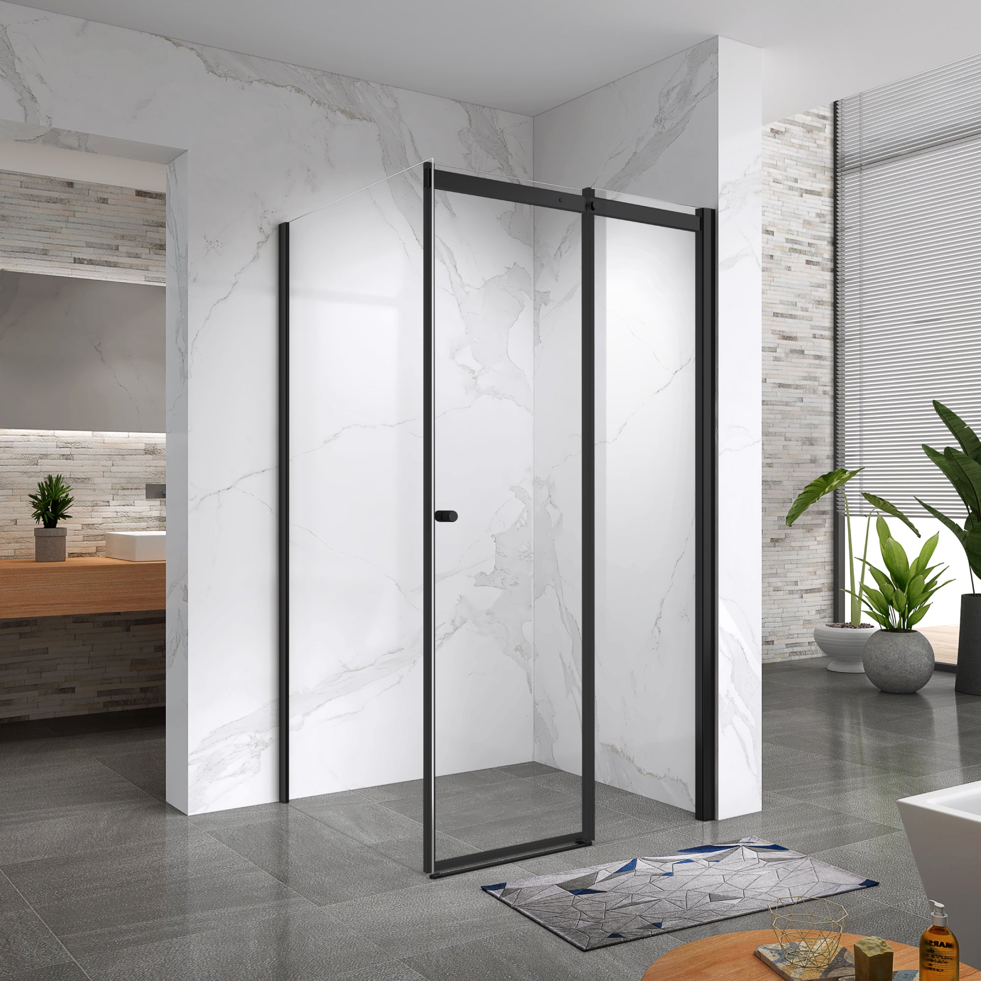 KAYLEE - Cabine de duche de canto com porta de correr, vidro transparente 6 mm e perfil preto mate