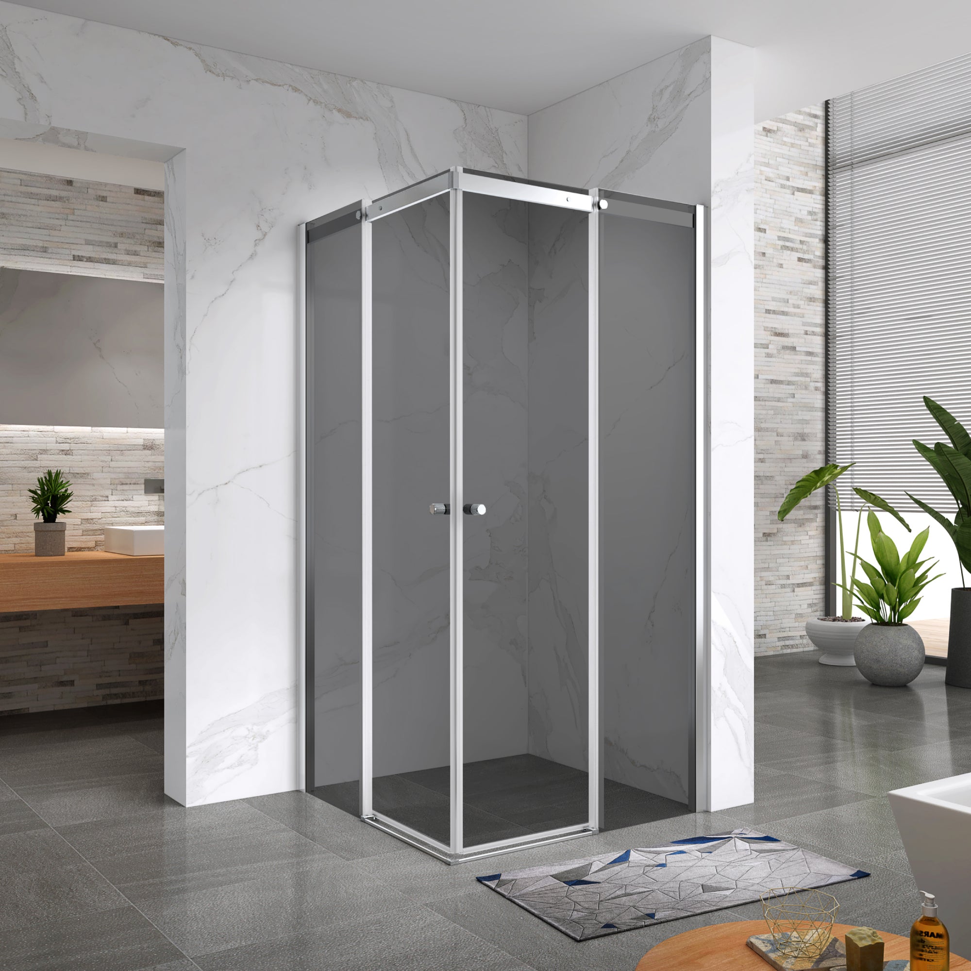 KAYLEE - Cabine de duche de canto com portas de correr, vidro escurecido 6 mm e perfil cromado