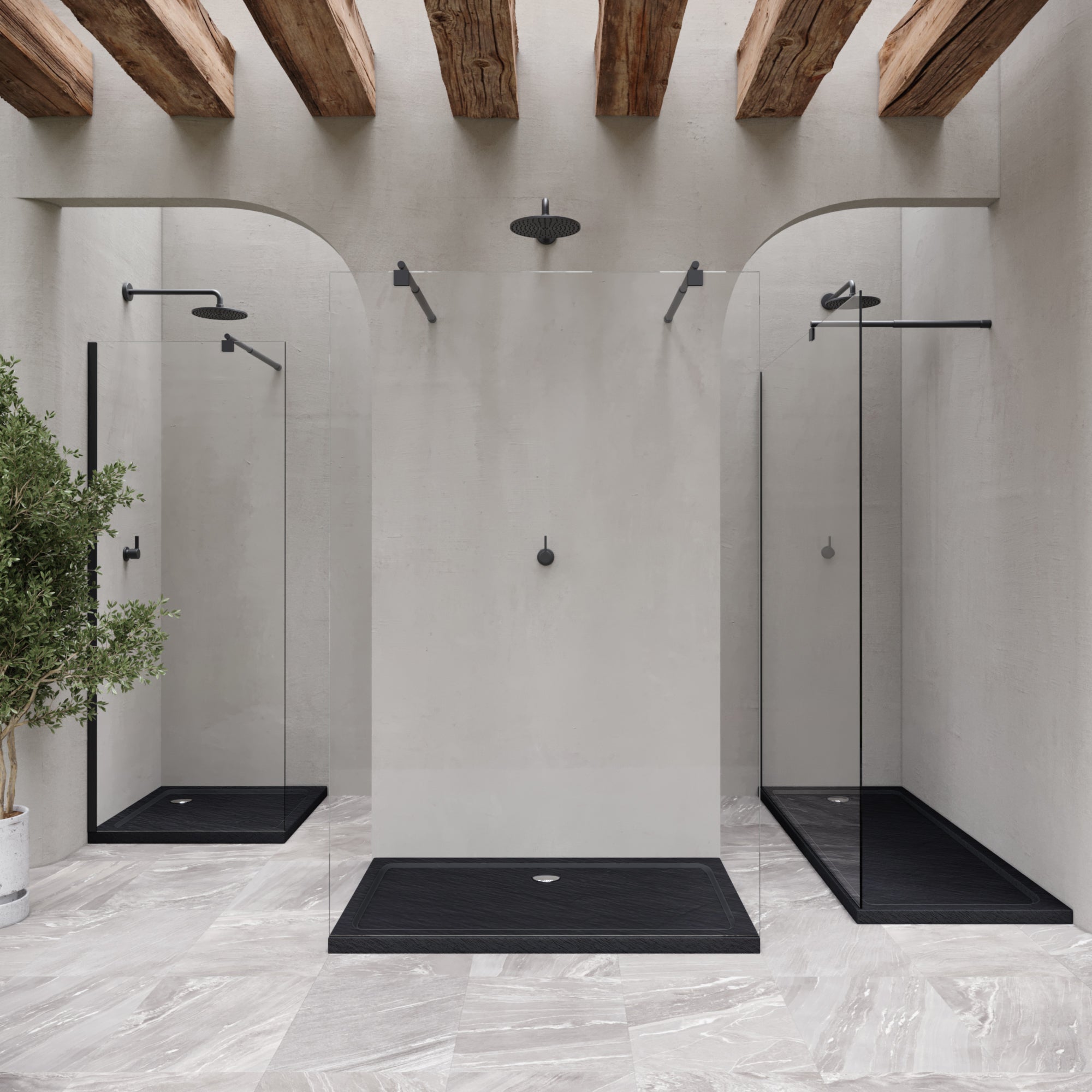 SHIMMER - Base de duche acrílica efeito pedra extraplana com acabamento preto e sifão incluído