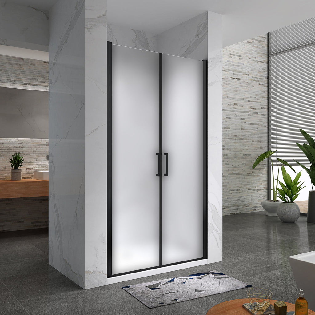 LARA - Puerta de ducha con puertas abatibles de cristal templado esmerilado de 6 mm y perfil negro mate