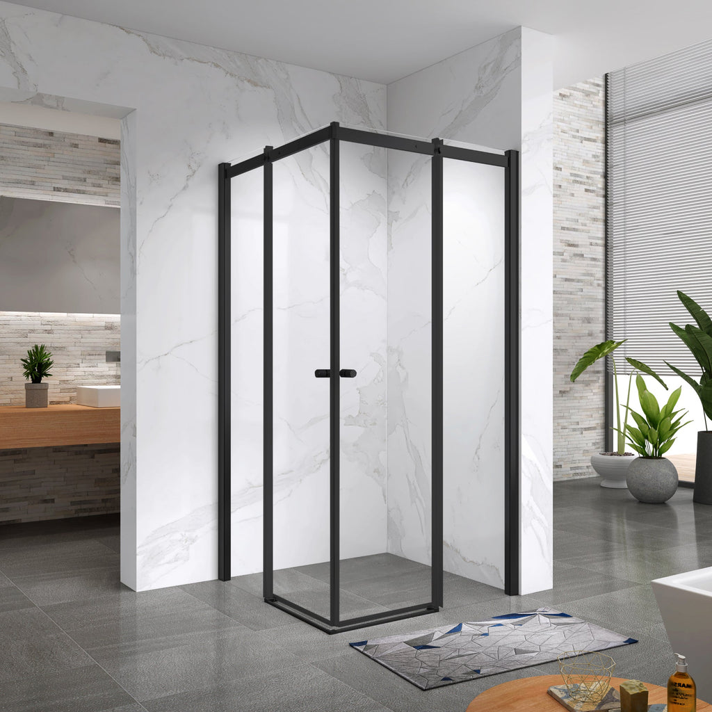 KAYLEE - Cabine de duche de canto com portas de correr, vidro transparente 6 mm e perfil preto mate