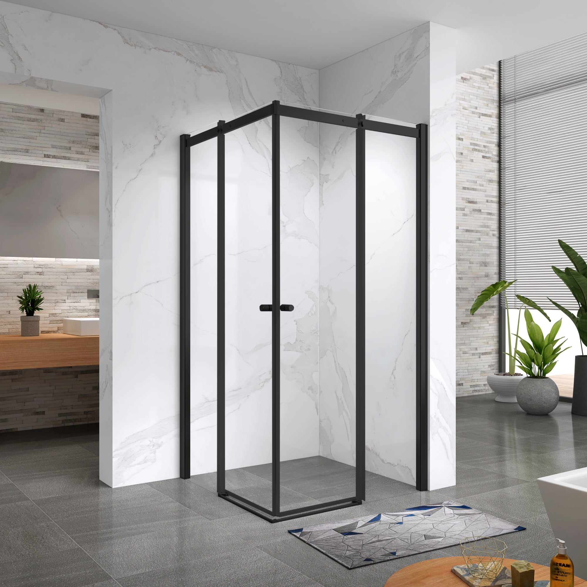 KAYLEE - Cabine de duche de canto com portas de correr, vidro transparente 6 mm e perfil preto mate