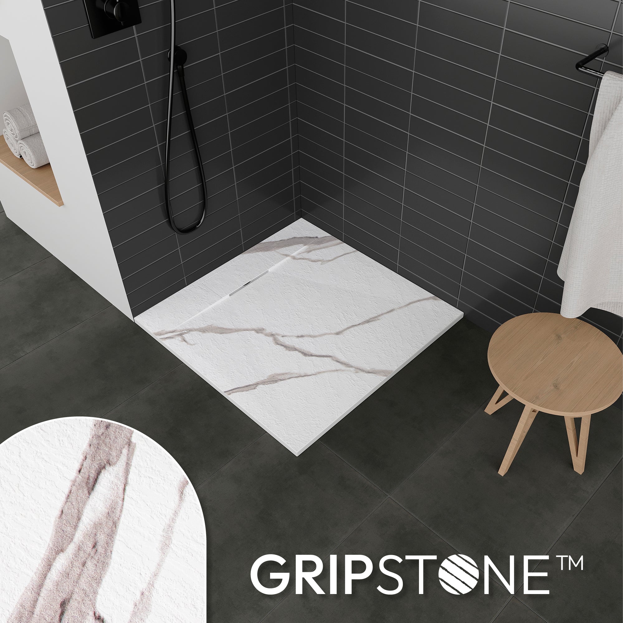 POLAR - Base de duche antiderrapante com acabamento carrara e sifão incluído