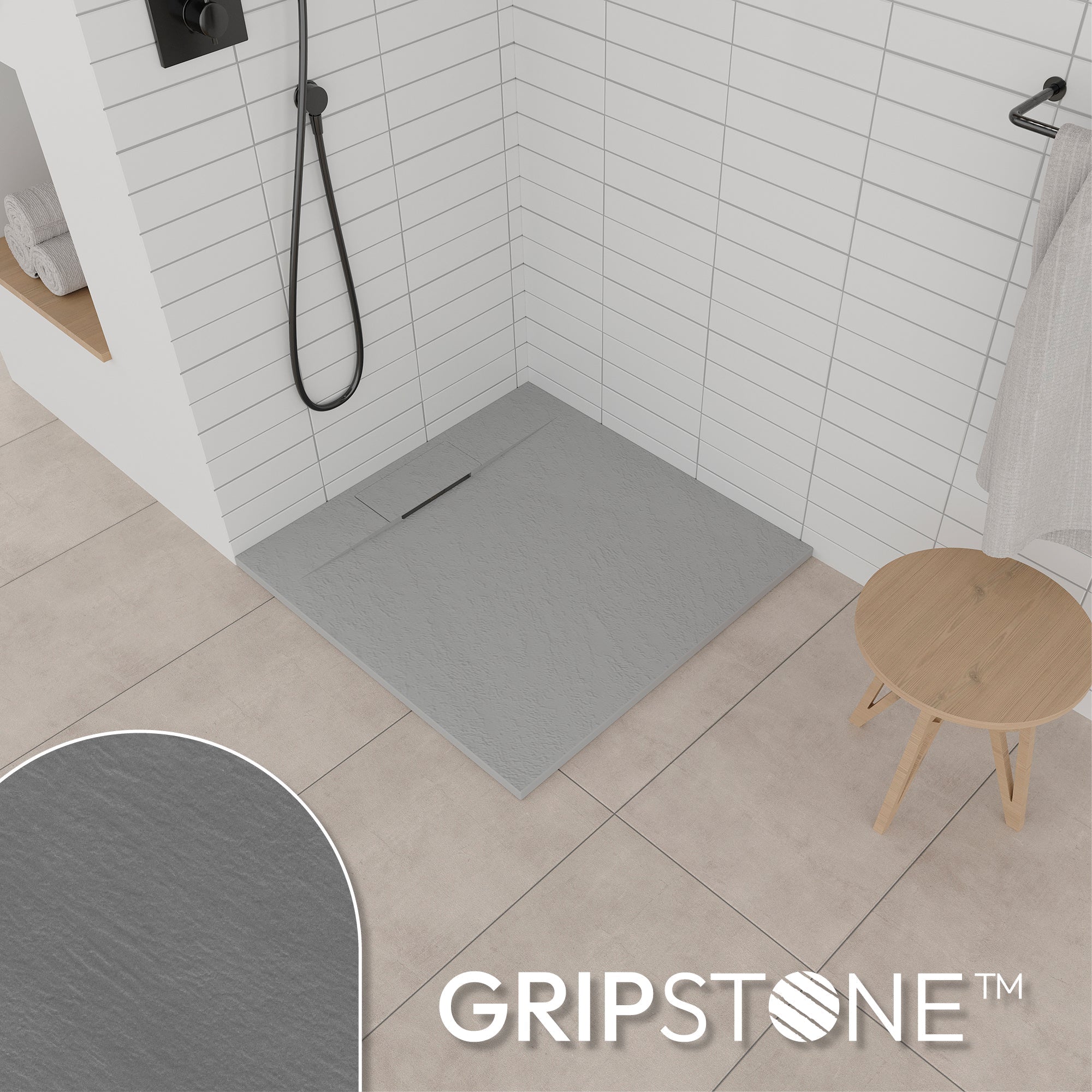 POLAR - Base de duche antiderrapante com acabamento cinzento e sifão incluído
