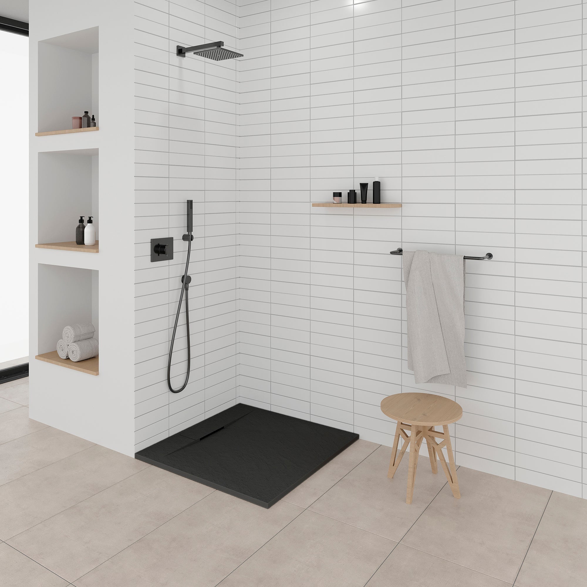 POLAR - Base de duche antiderrapante com acabamento preto e sifão incluído