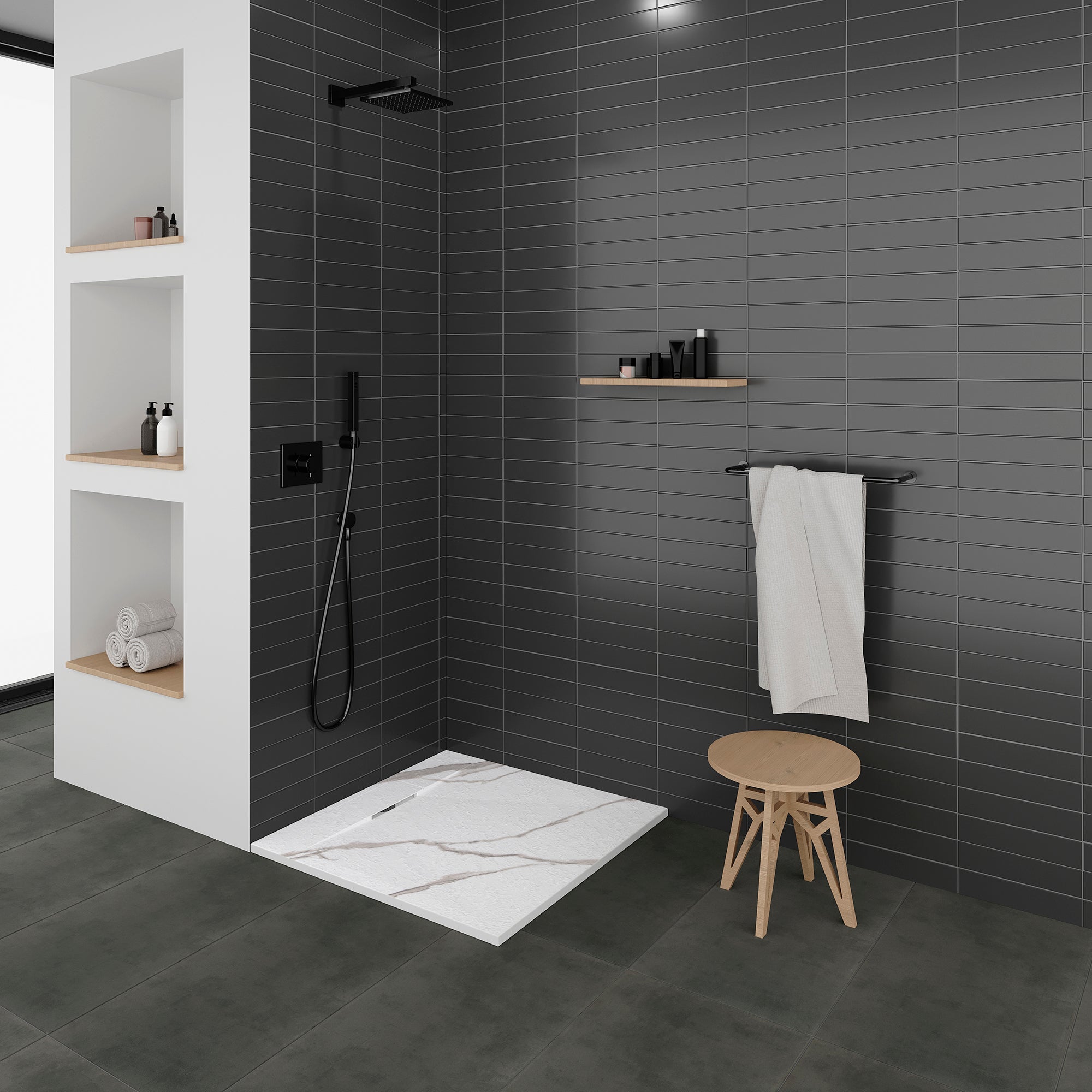 POLAR - Base de duche antiderrapante com acabamento carrara e sifão incluído