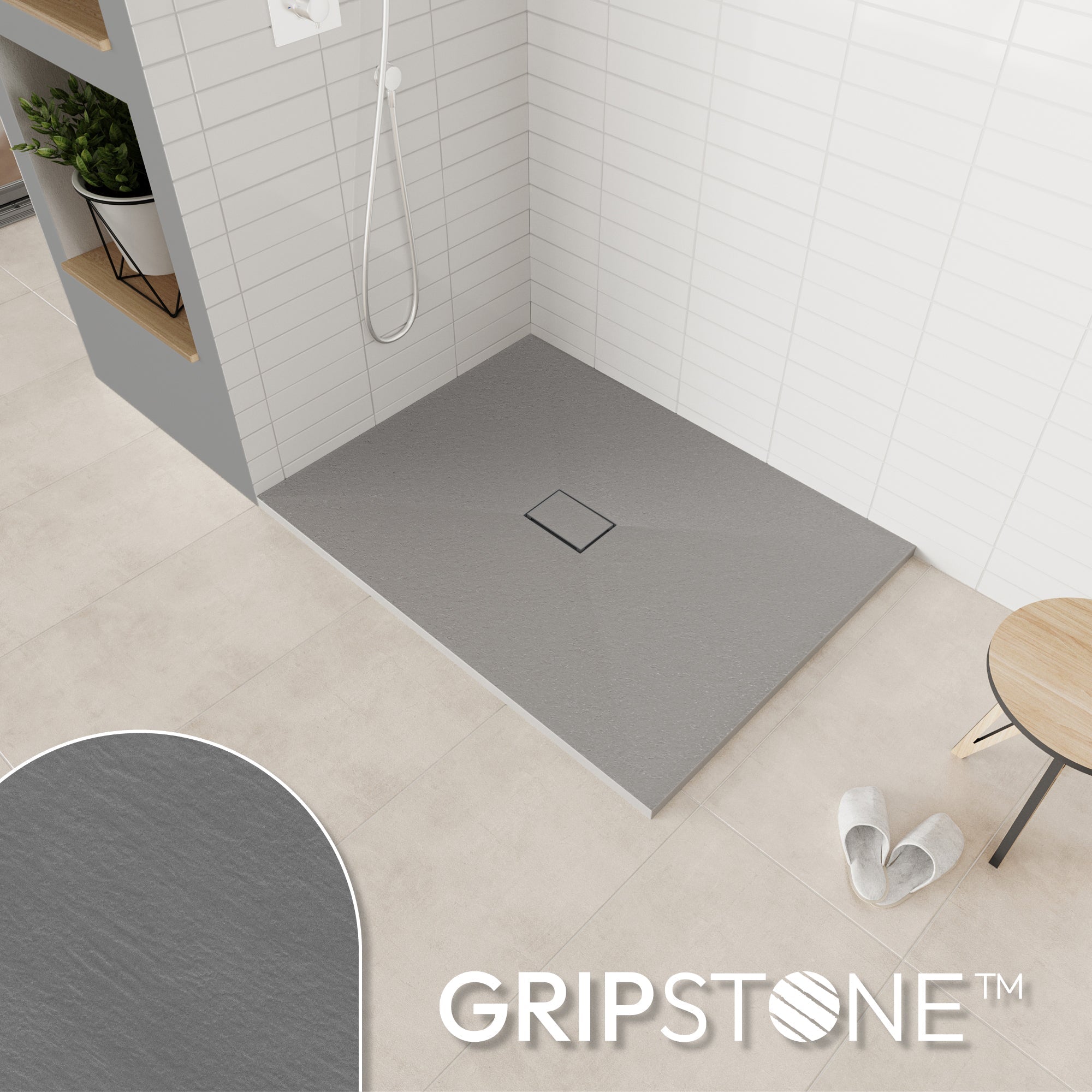 BOREAL - Base de duche antiderrapante com acabamento cinzento e sifão incluído