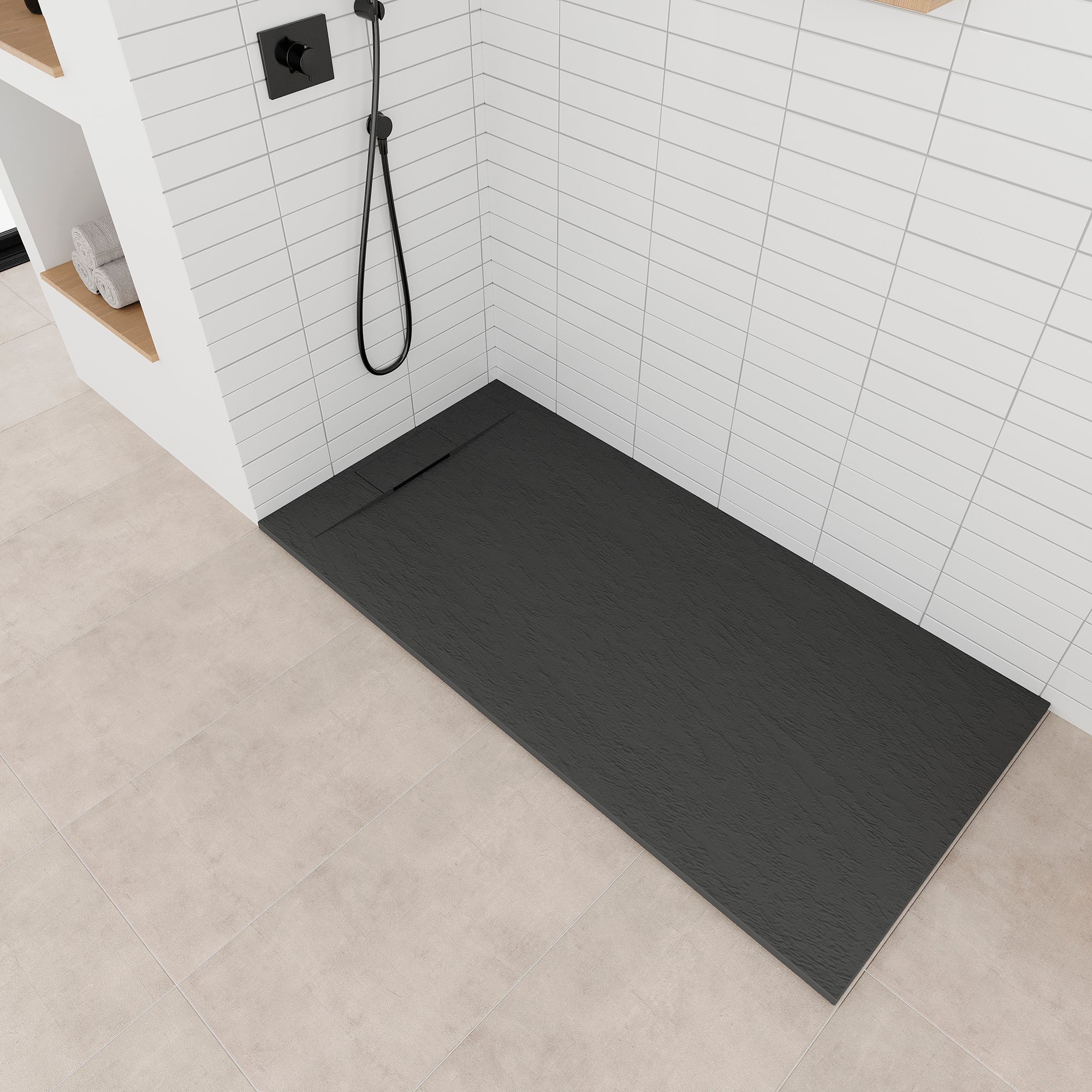 POLAR - Base de duche antiderrapante com acabamento preto e sifão incluído