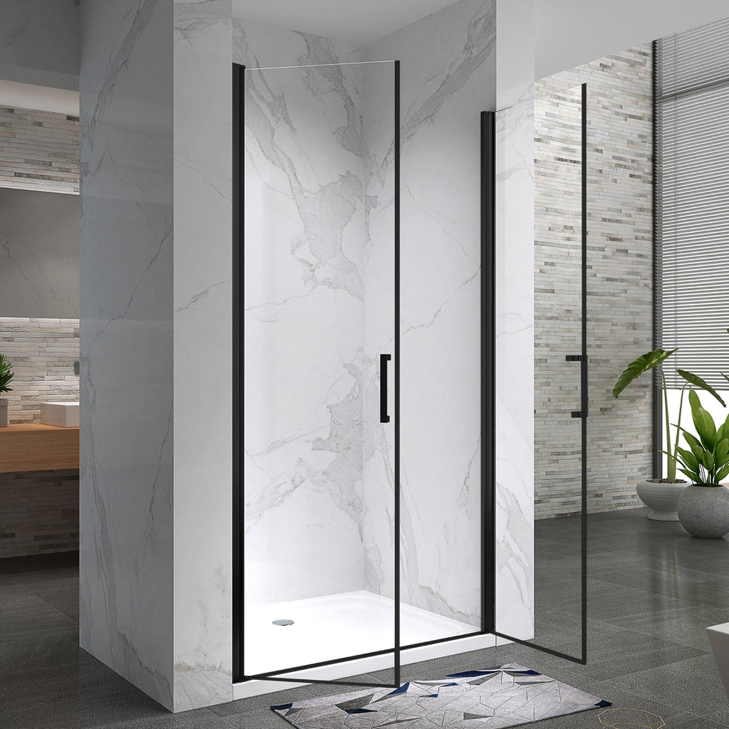 LARA - Mampara de ducha con puertas abatibles de vidrio templado de 6 mm y perfil negro mate