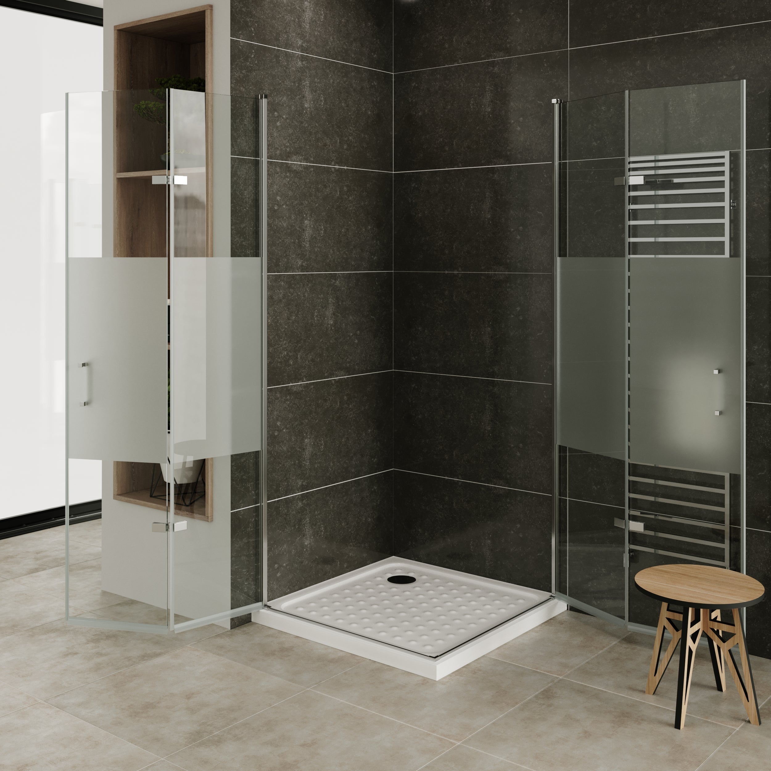 MATILDE - Cabine de duche de canto com portas dobráveis em vidro temperado meio fosco e perfil cromado