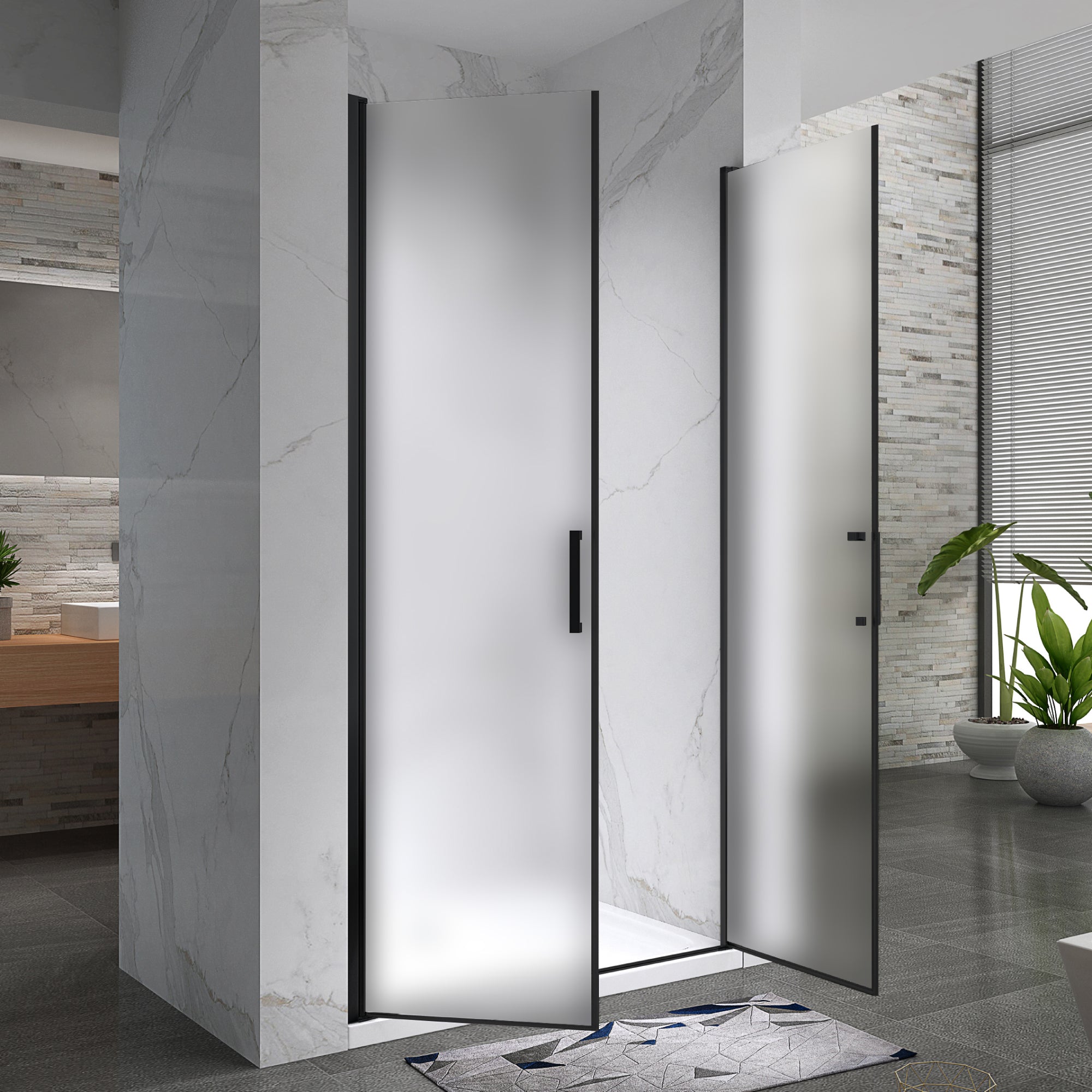 LARA - Puerta de ducha con puertas abatibles de cristal templado esmerilado de 6 mm y perfil negro mate