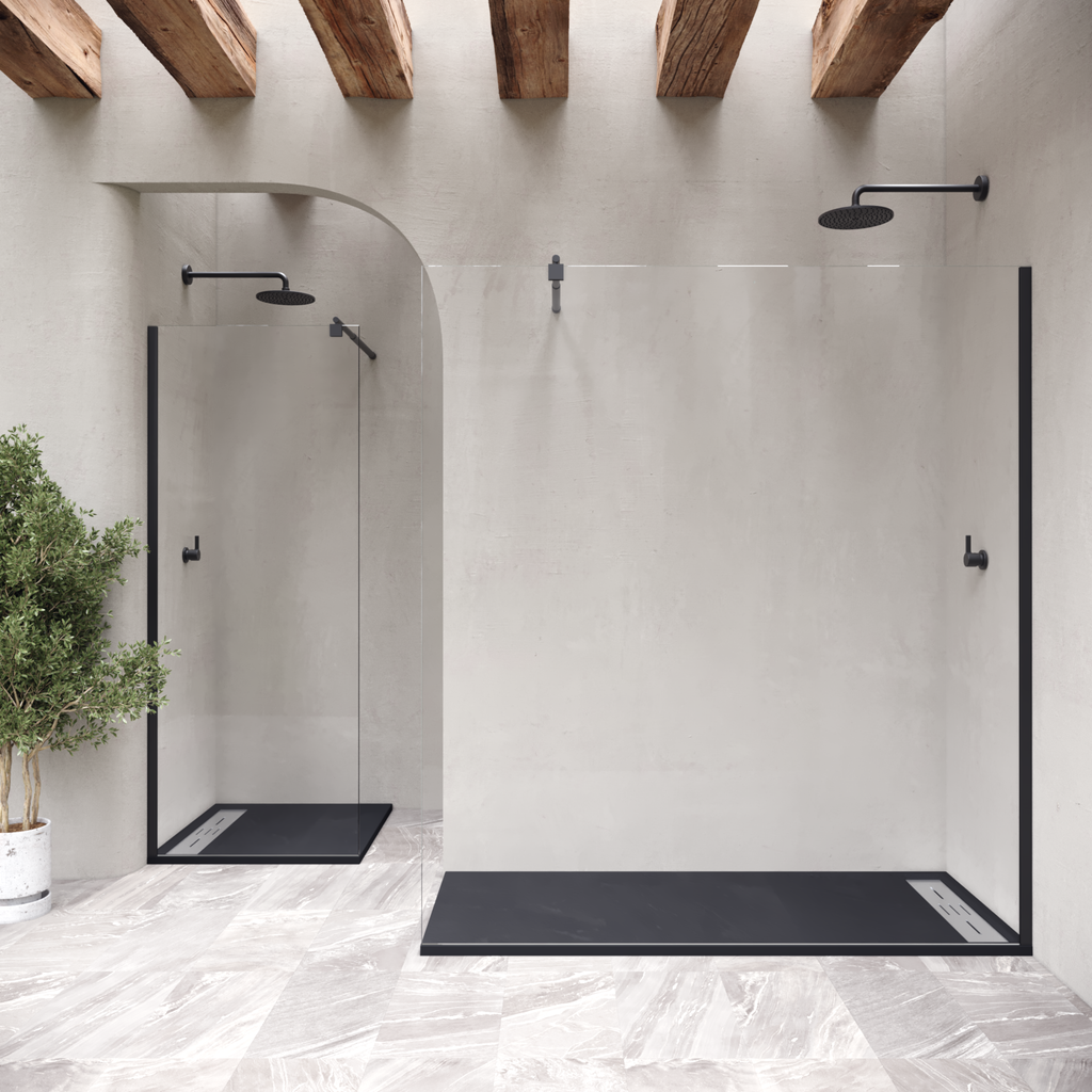 HIEMAL - Base de duche antiderrapante com acabamento preto e grelha inox incluída