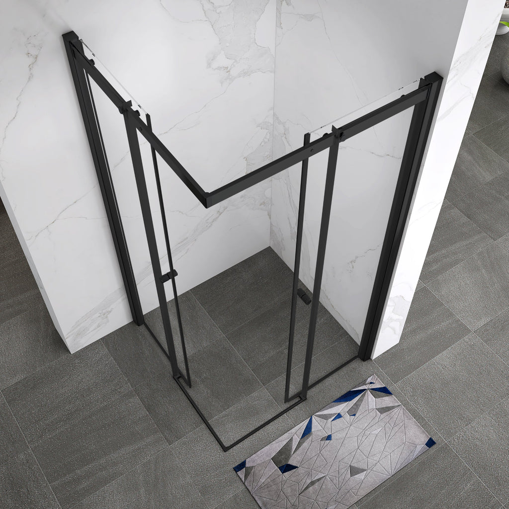 KAYLEE - Cabine de duche de canto com portas de correr, vidro transparente 6 mm e perfil preto mate