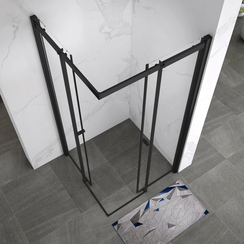 KAYLEE - Cabina doccia angolare con ante scorrevoli, vetro trasparente 6 mm e profilo nero opaco