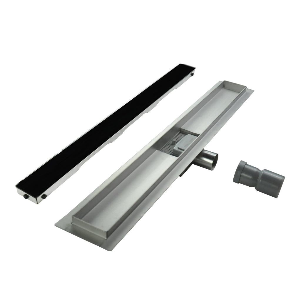 Ralo de duche linear em aço inox com tampa em vidro preto modelo R3