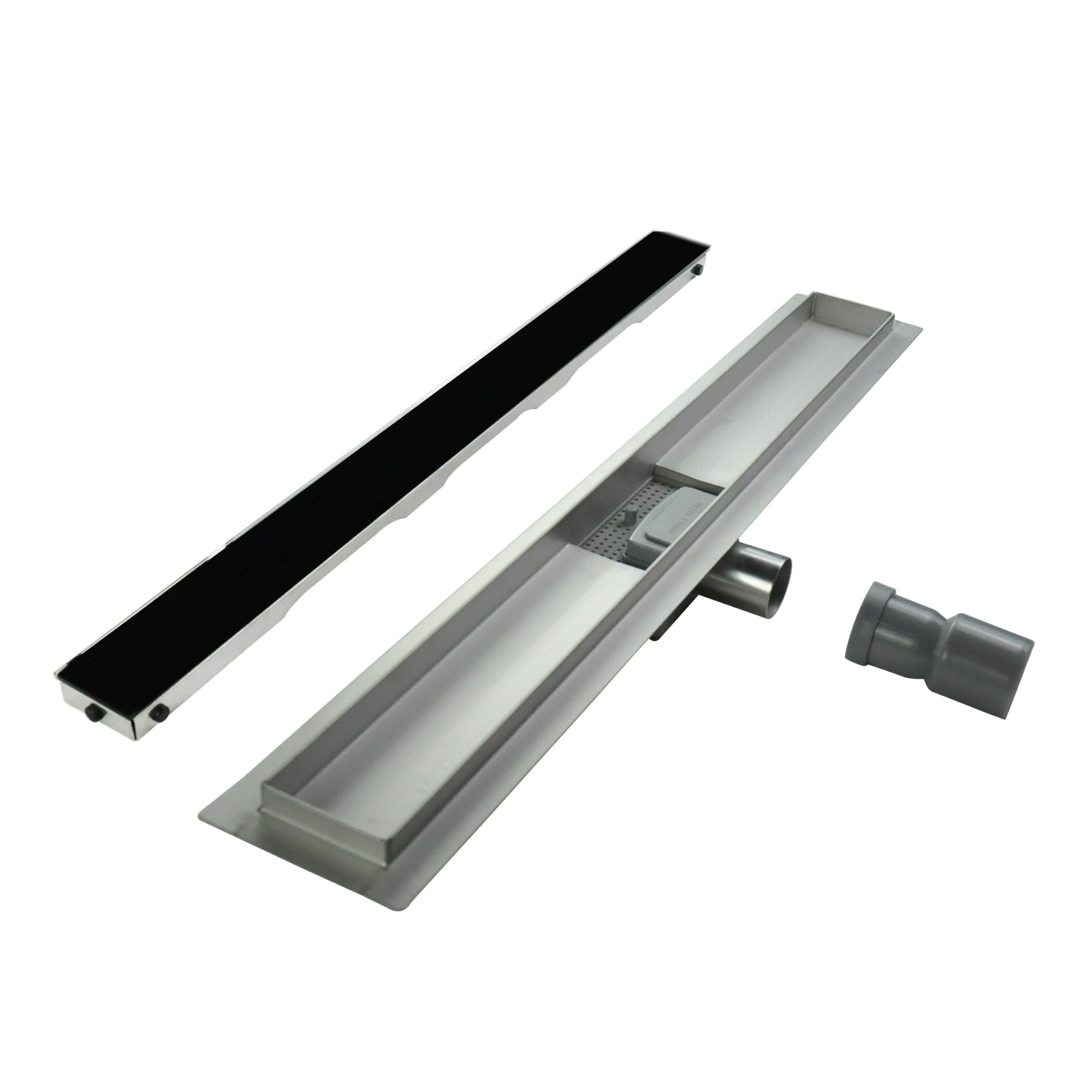 Sifone di scarico lineare in acciaio inox con coperchio in vetro nero modello R3