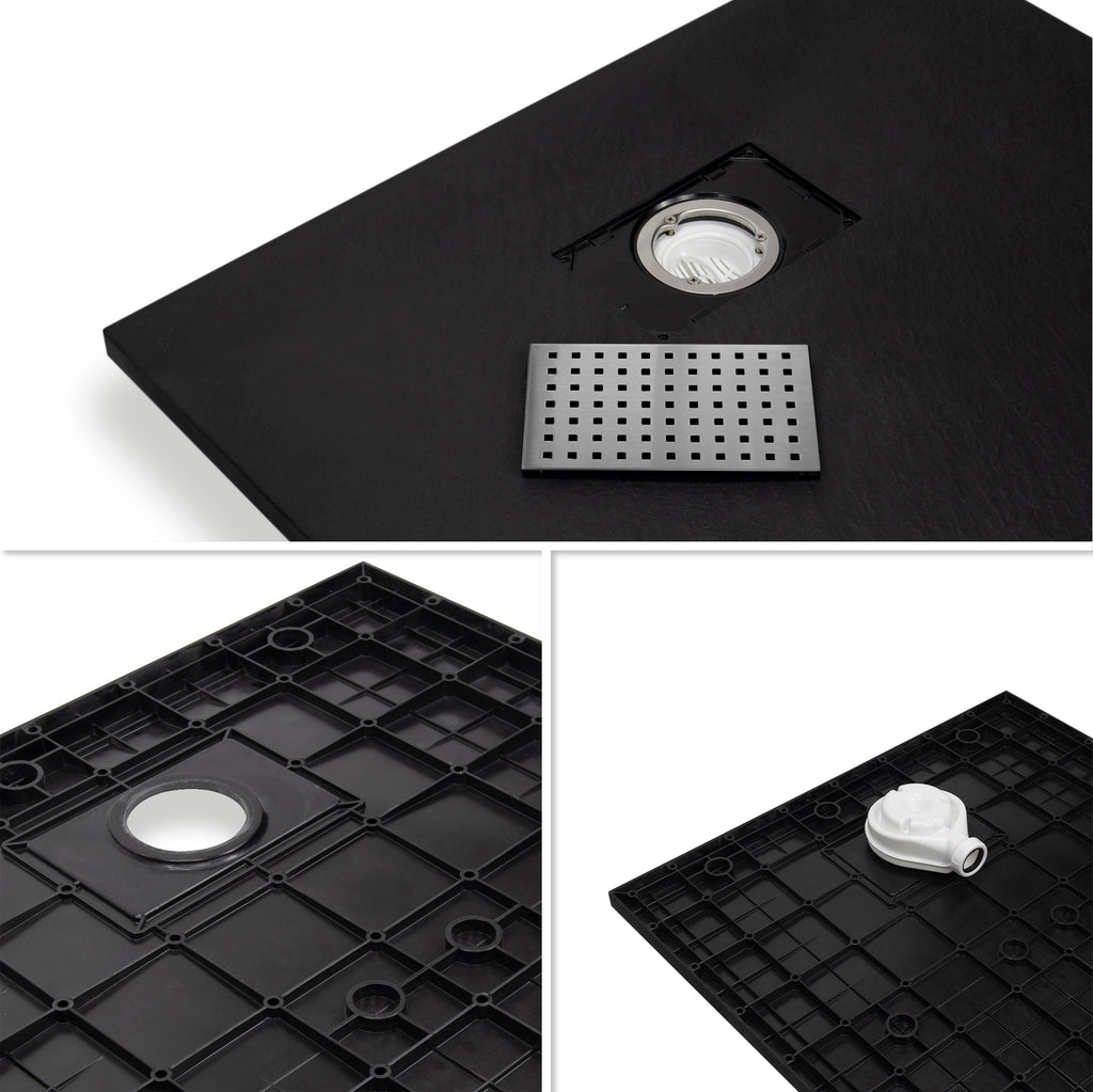 BOREAL - Base de duche preta RAL 7021 SMC antiderrapante GRIPSTONE com sifão incluído