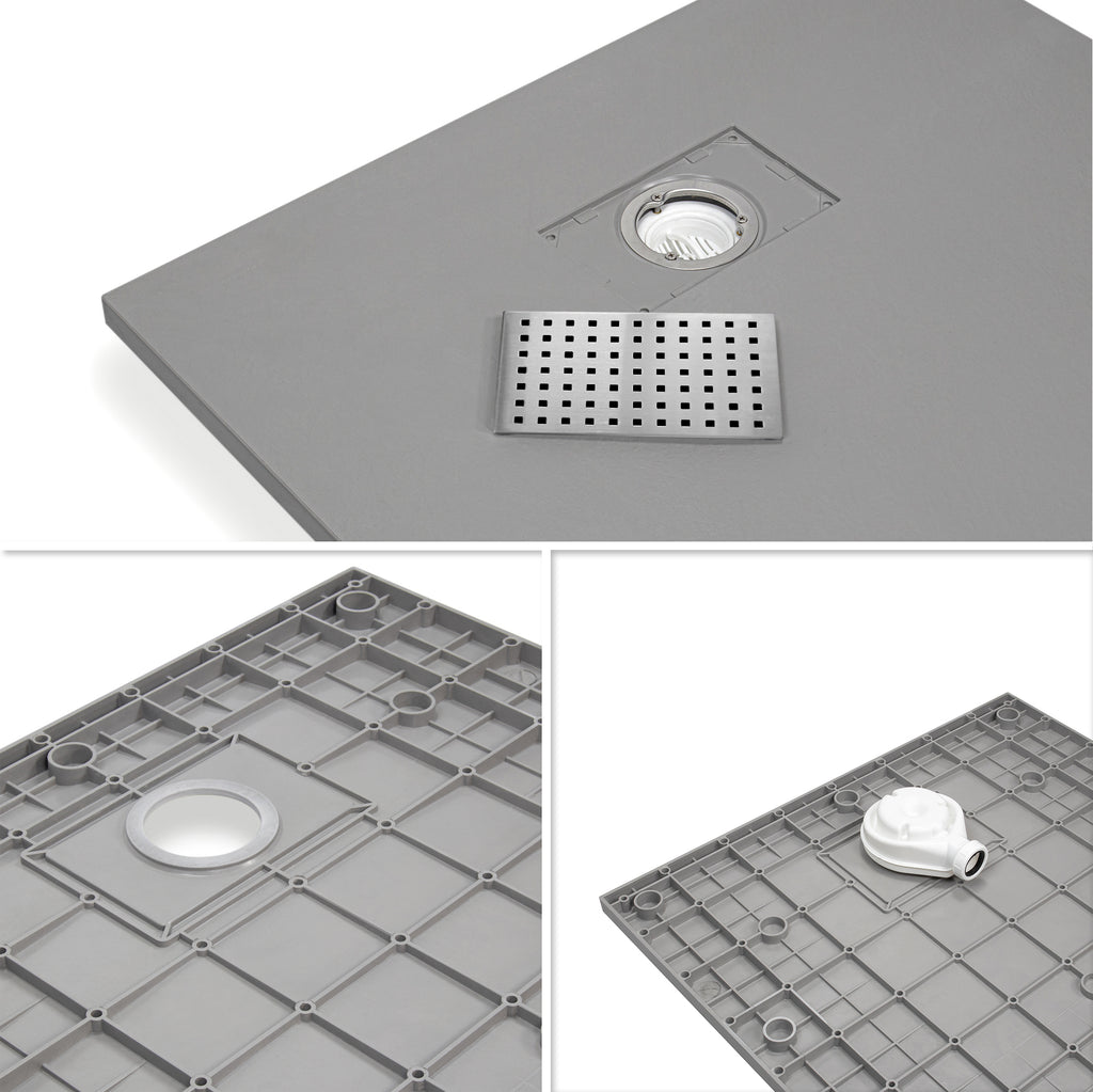 BOREAL - Base de duche cinzenta RAL 7030 SMC antiderrapante GRIPSTONE com sifão incluído