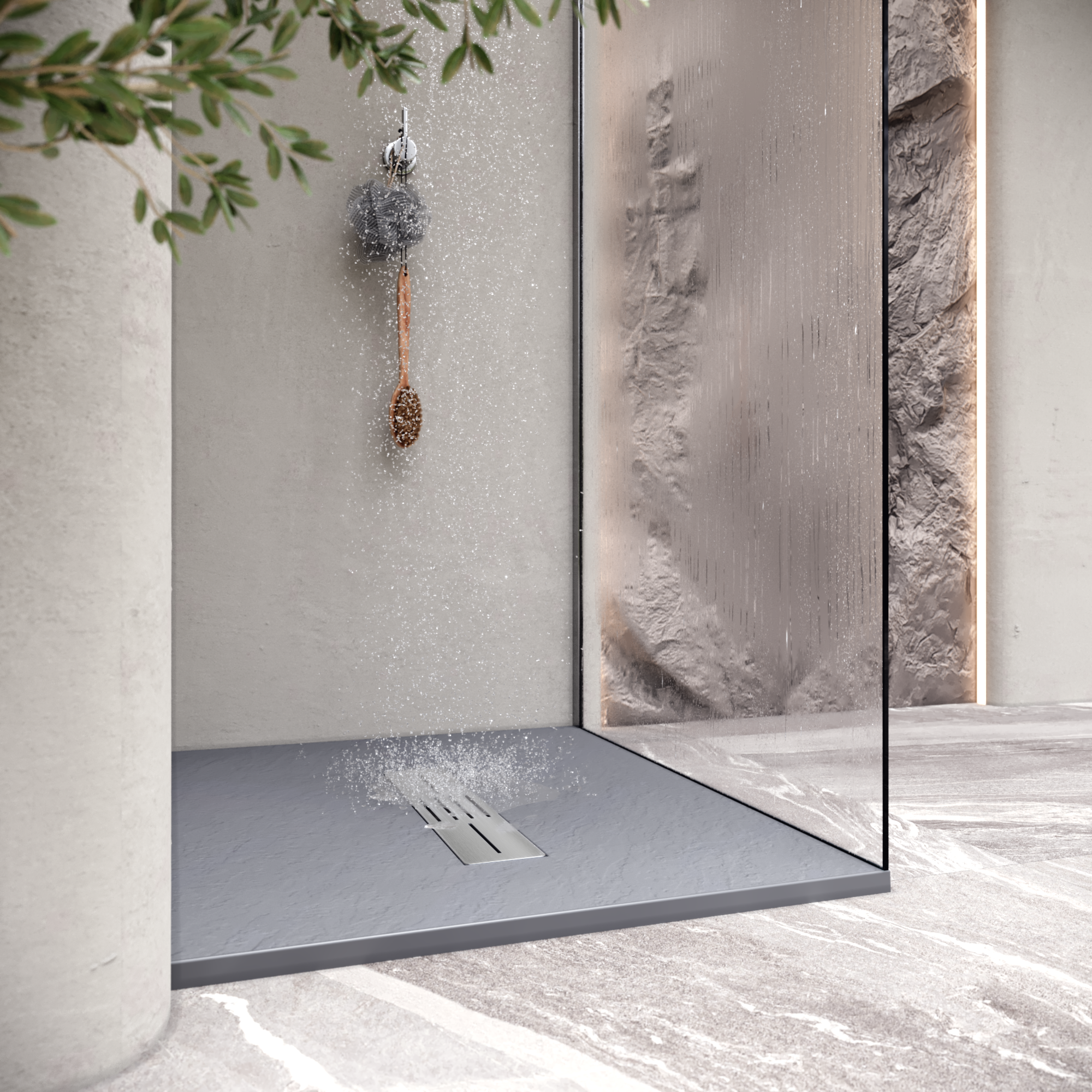 LUMIA - Base de duche antiderrapante com acabamento cinzento e grelha inox incluída