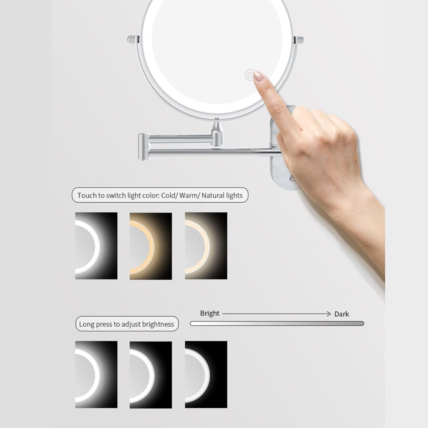 Espejo de maquillaje recargable con aumento de 5x e iluminación LED