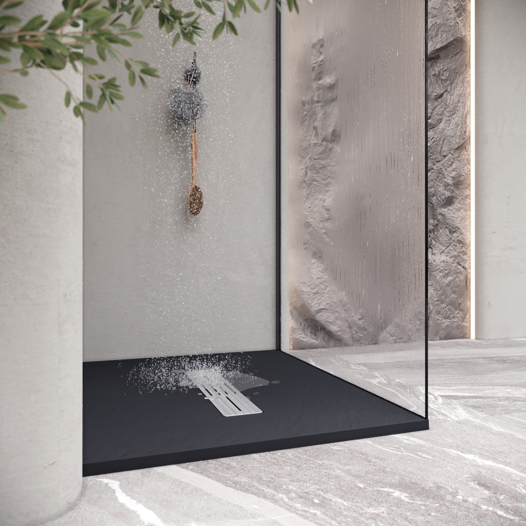 LUMIA - Plato de ducha antideslizante con acabado negro y rejilla de acero inoxidable incluida