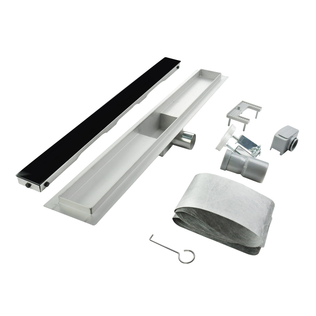 Ralo de duche linear em aço inox com tampa em vidro preto modelo R3