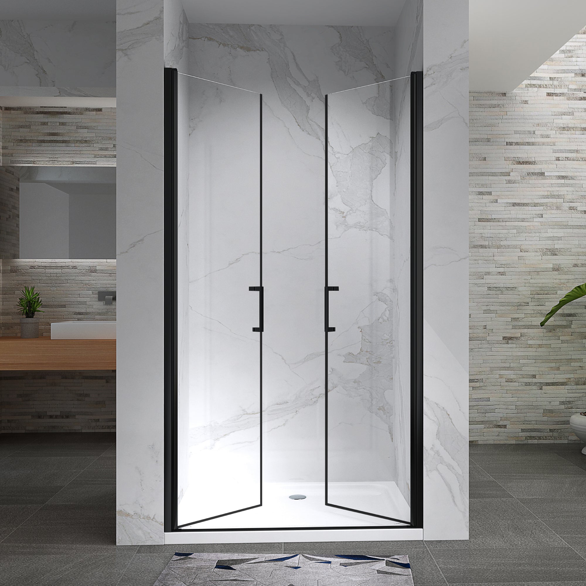 LARA - Mampara de ducha con puertas abatibles de vidrio templado de 6 mm y perfil negro mate