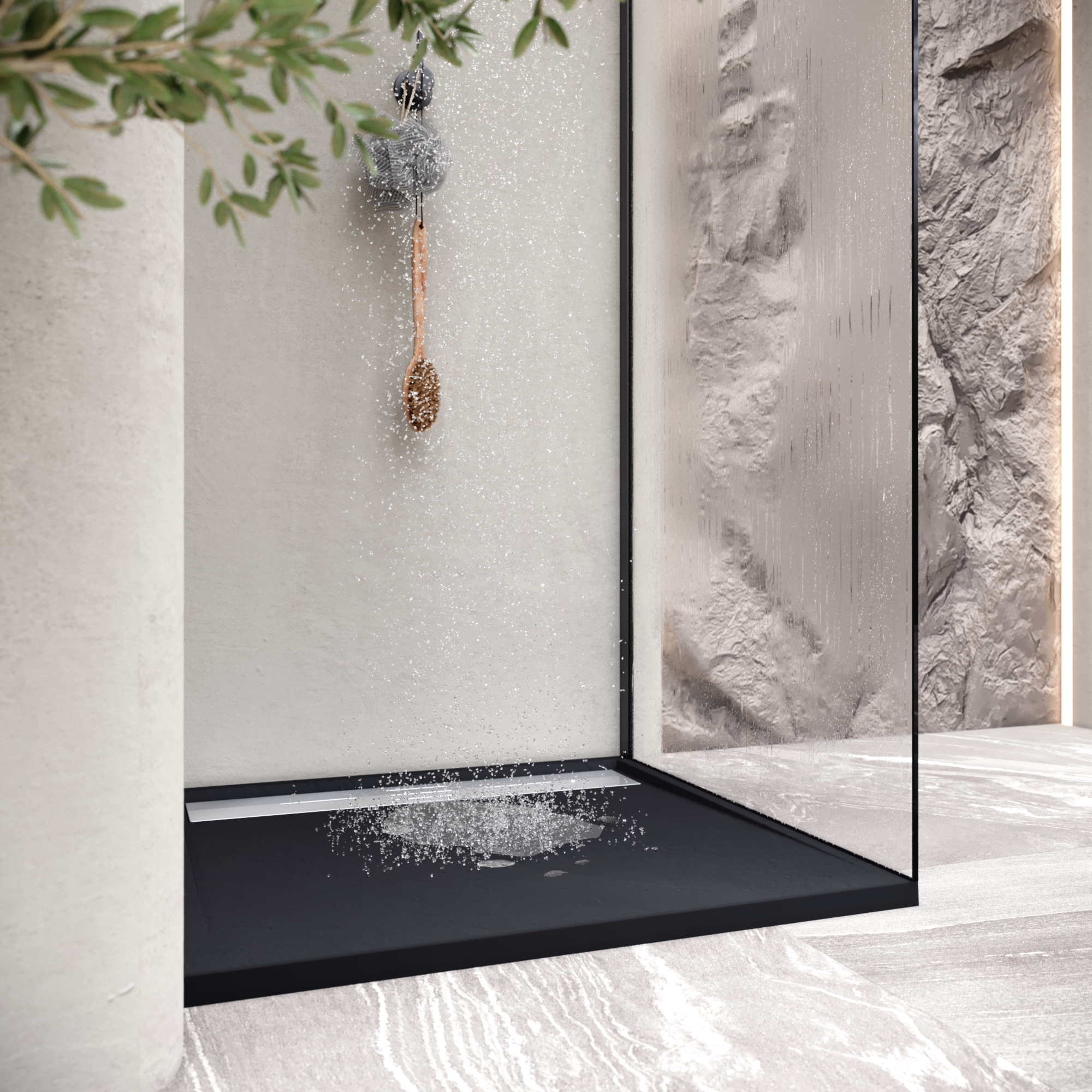 HIEMAL - Base de duche antiderrapante com acabamento preto e grelha inox incluída