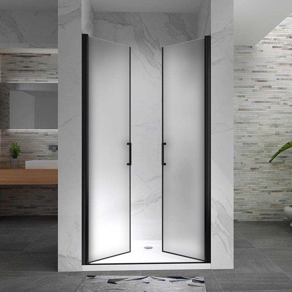 LARA - Puerta de ducha con puertas abatibles de cristal templado esmerilado de 6 mm y perfil negro mate