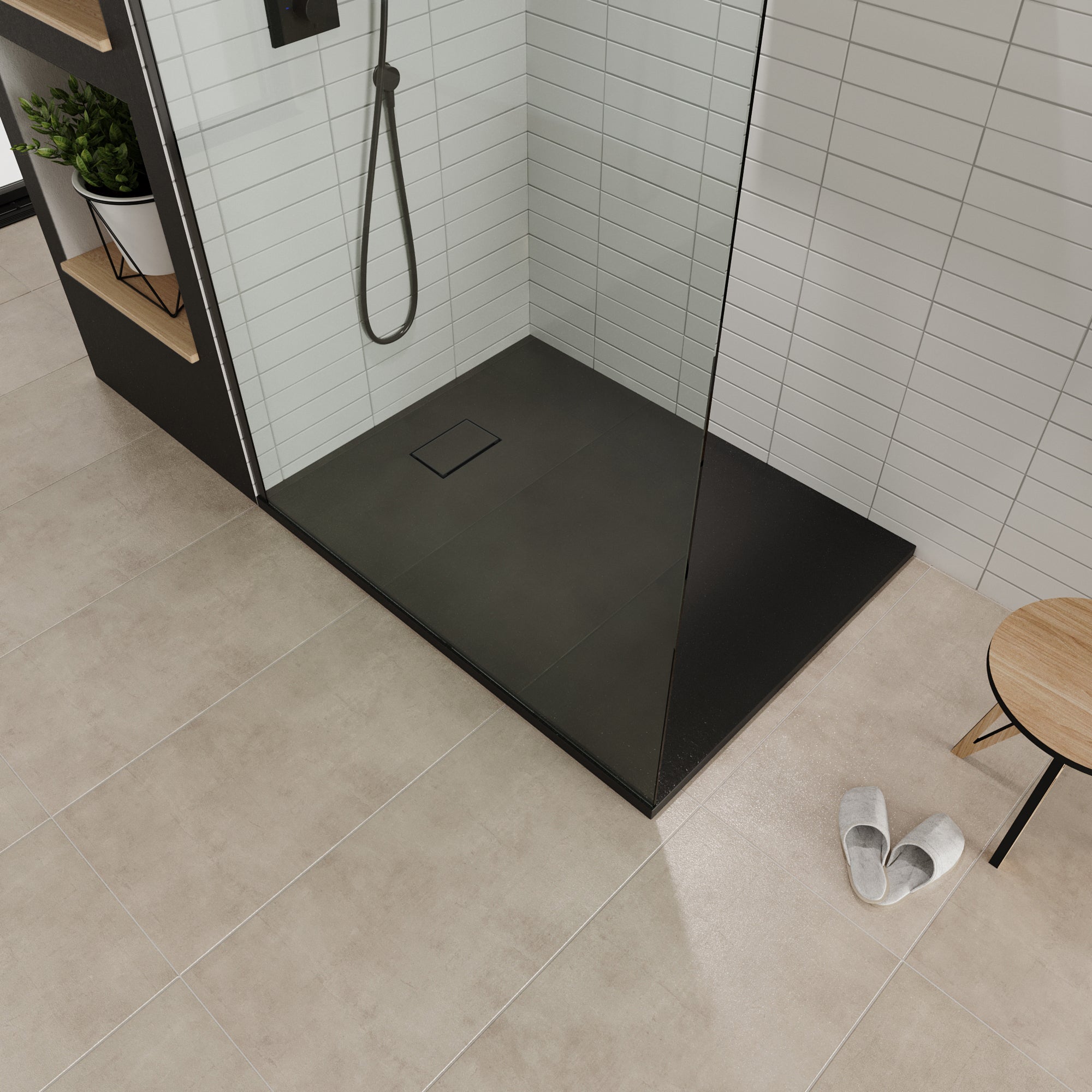 BOREAL - Base de duche antiderrapante com acabamento preto e sifão incluído