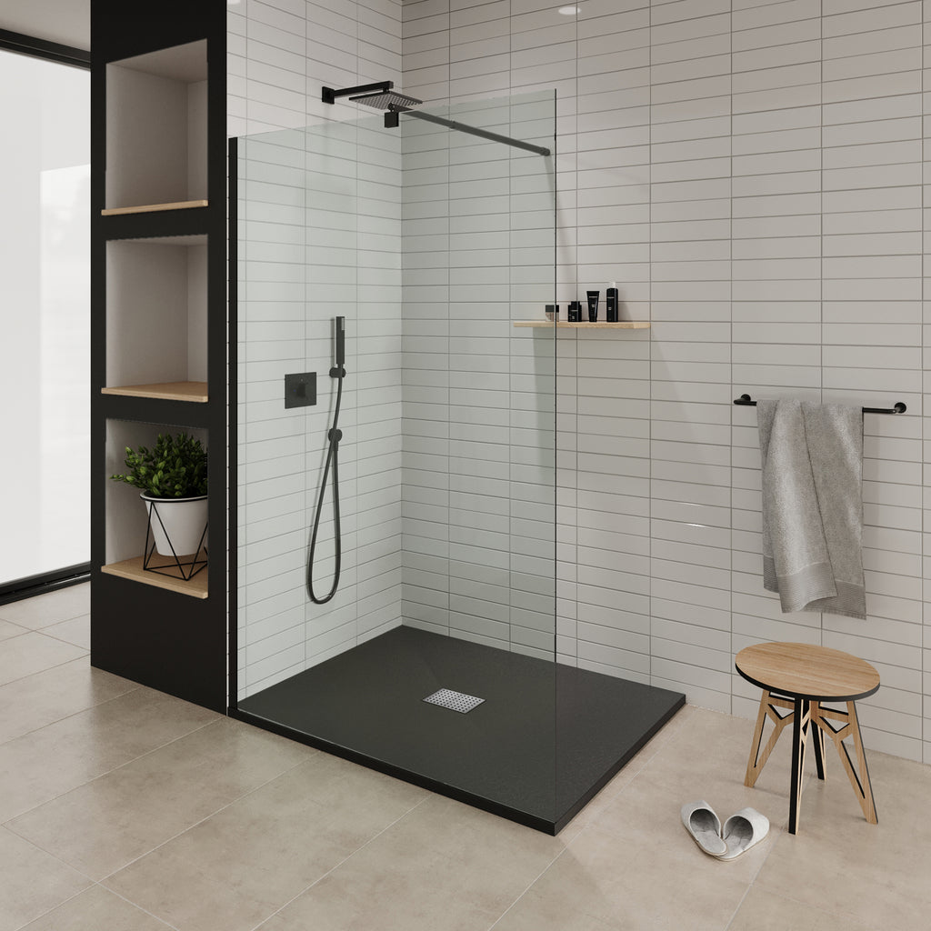 BOREAL - Base de duche preta RAL 7021 SMC antiderrapante GRIPSTONE com sifão incluído