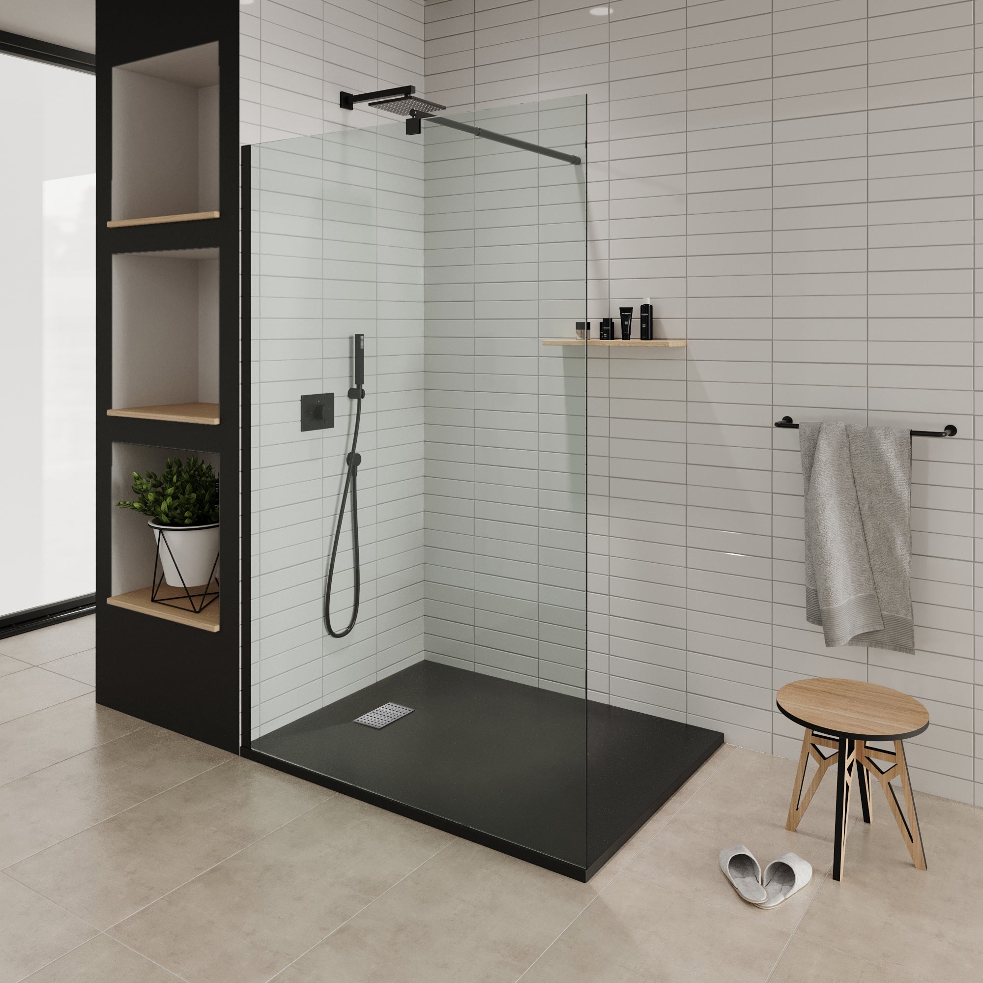 BOREAL - Base de duche preta RAL 7021 SMC antiderrapante GRIPSTONE com sifão incluído