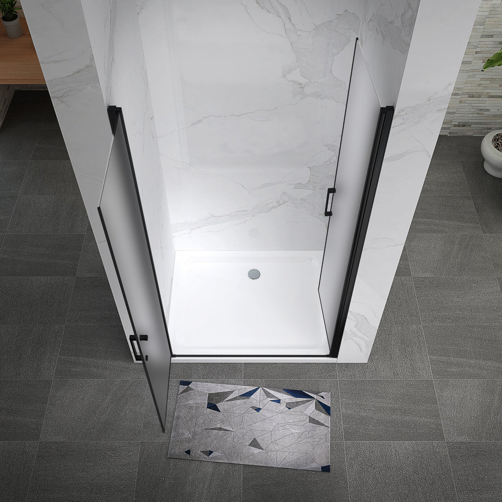 LARA - Puerta de ducha con puertas abatibles de cristal templado esmerilado de 6 mm y perfil negro mate