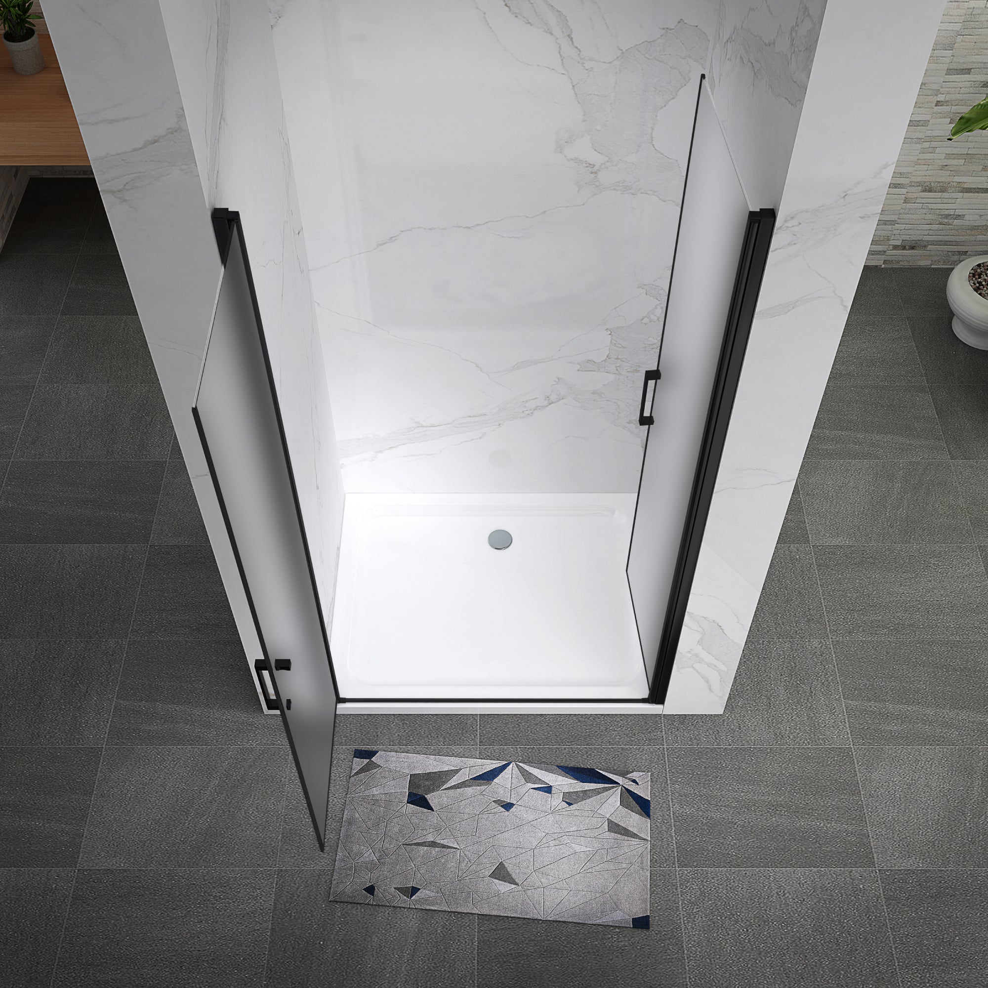 LARA - Puerta de ducha con puertas abatibles de cristal templado esmerilado de 6 mm y perfil negro mate