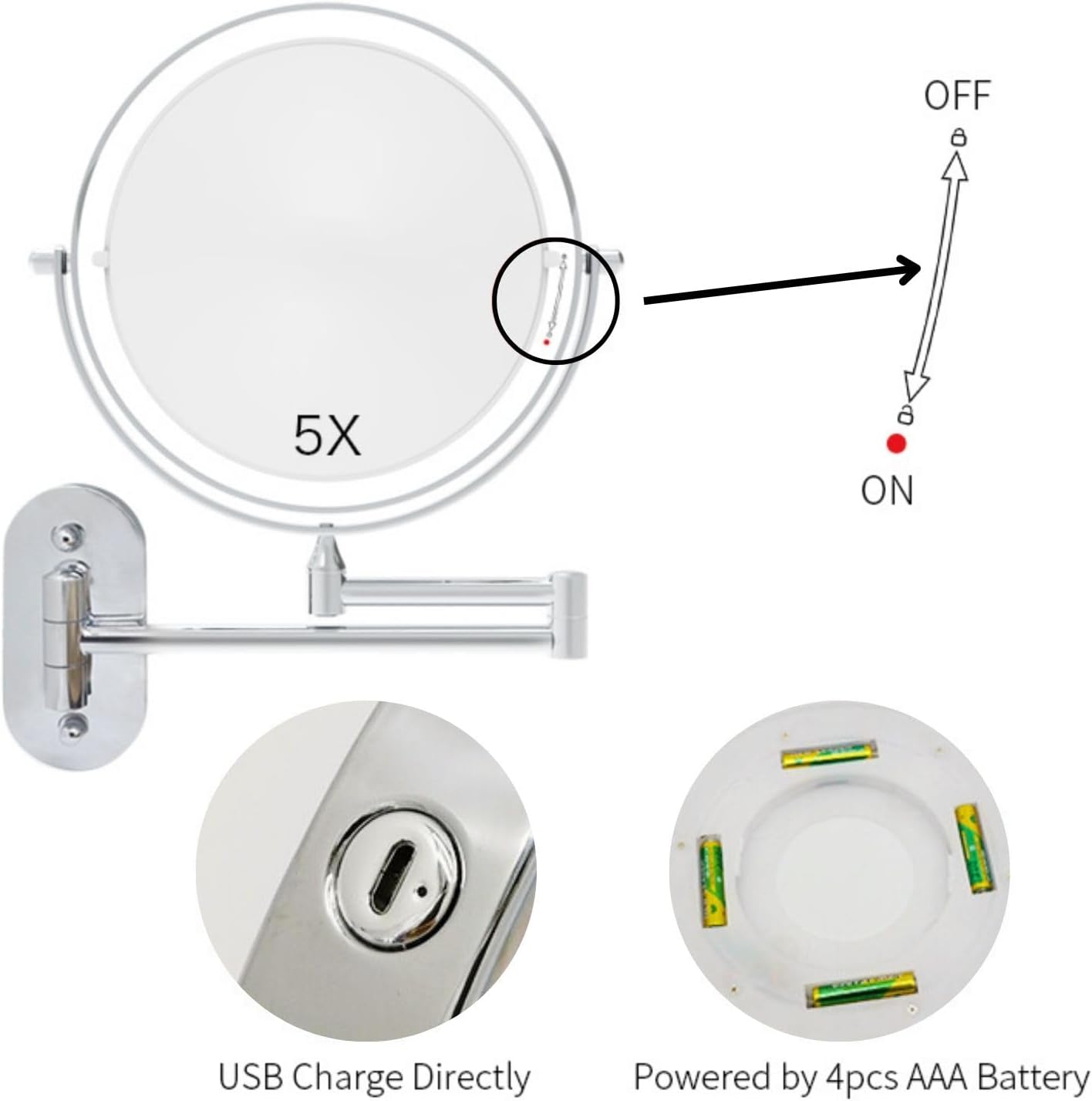 Espejo de maquillaje recargable con aumento de 5x e iluminación LED