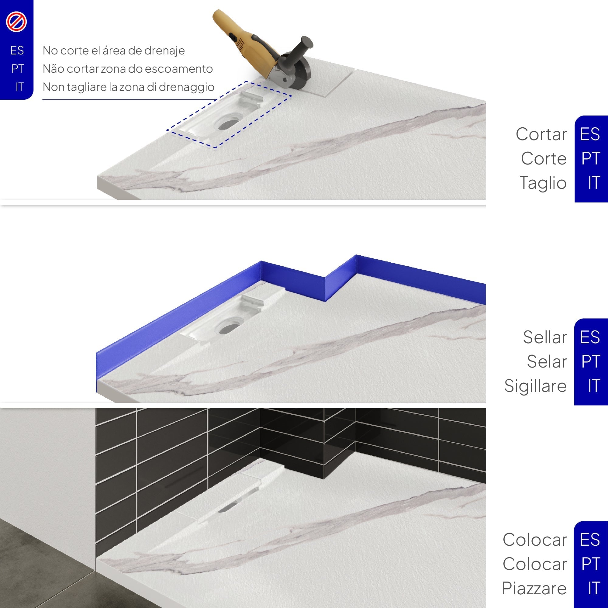 POLAR - Base de duche antiderrapante com acabamento carrara e sifão incluído