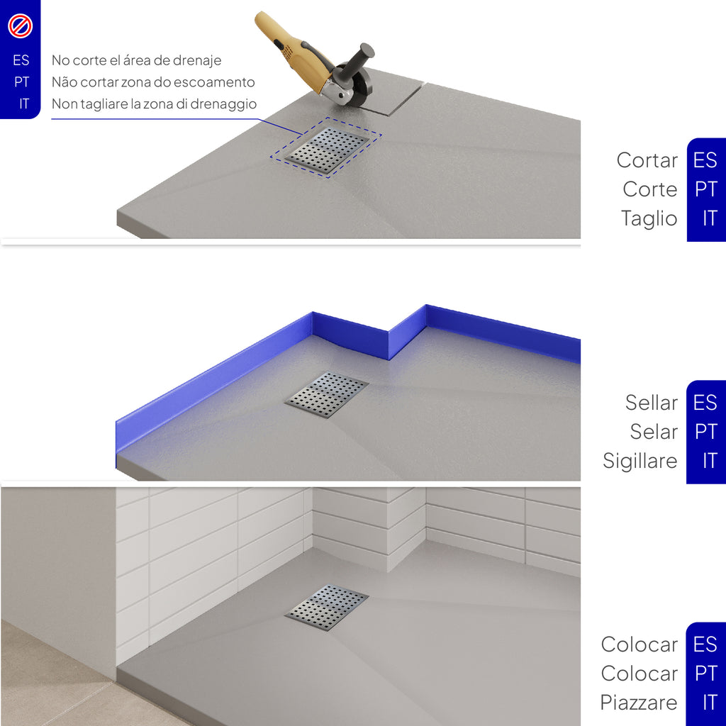 BOREAL - Base de duche cinzenta RAL 7030 SMC antiderrapante GRIPSTONE com sifão incluído