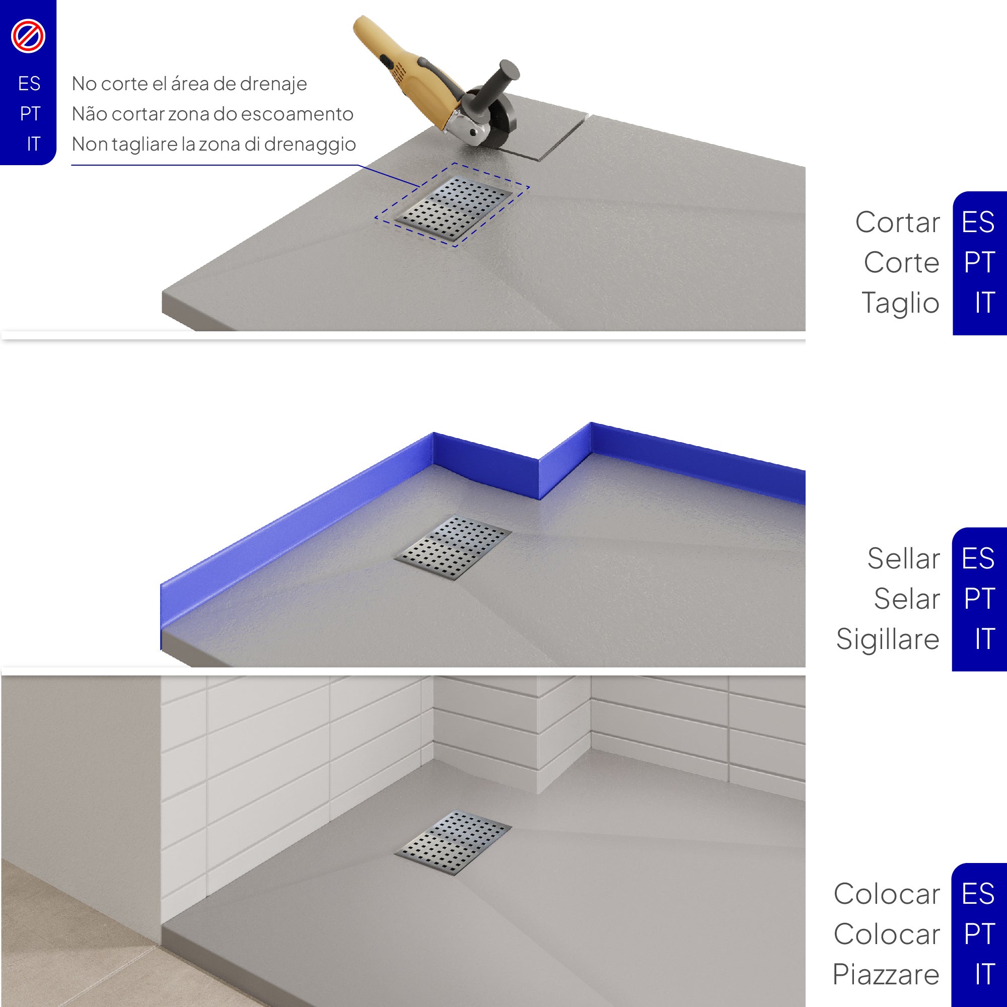 BOREAL - Base de duche cinzenta RAL 7030 SMC antiderrapante GRIPSTONE com sifão incluído