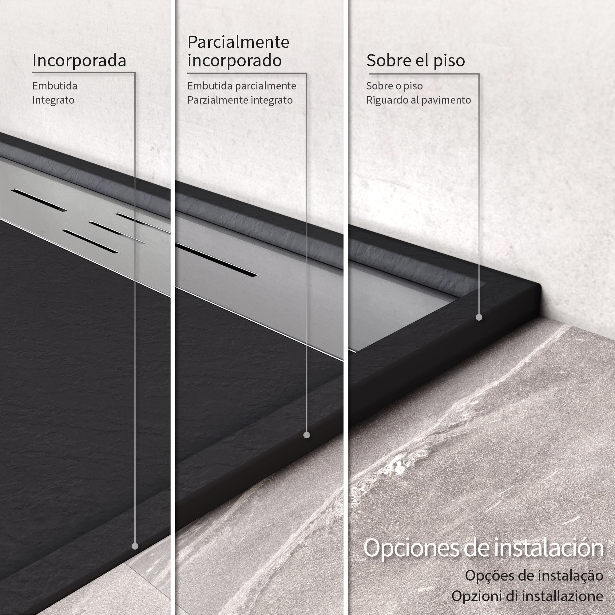 HIEMAL - Base de duche antiderrapante com acabamento preto e grelha inox incluída