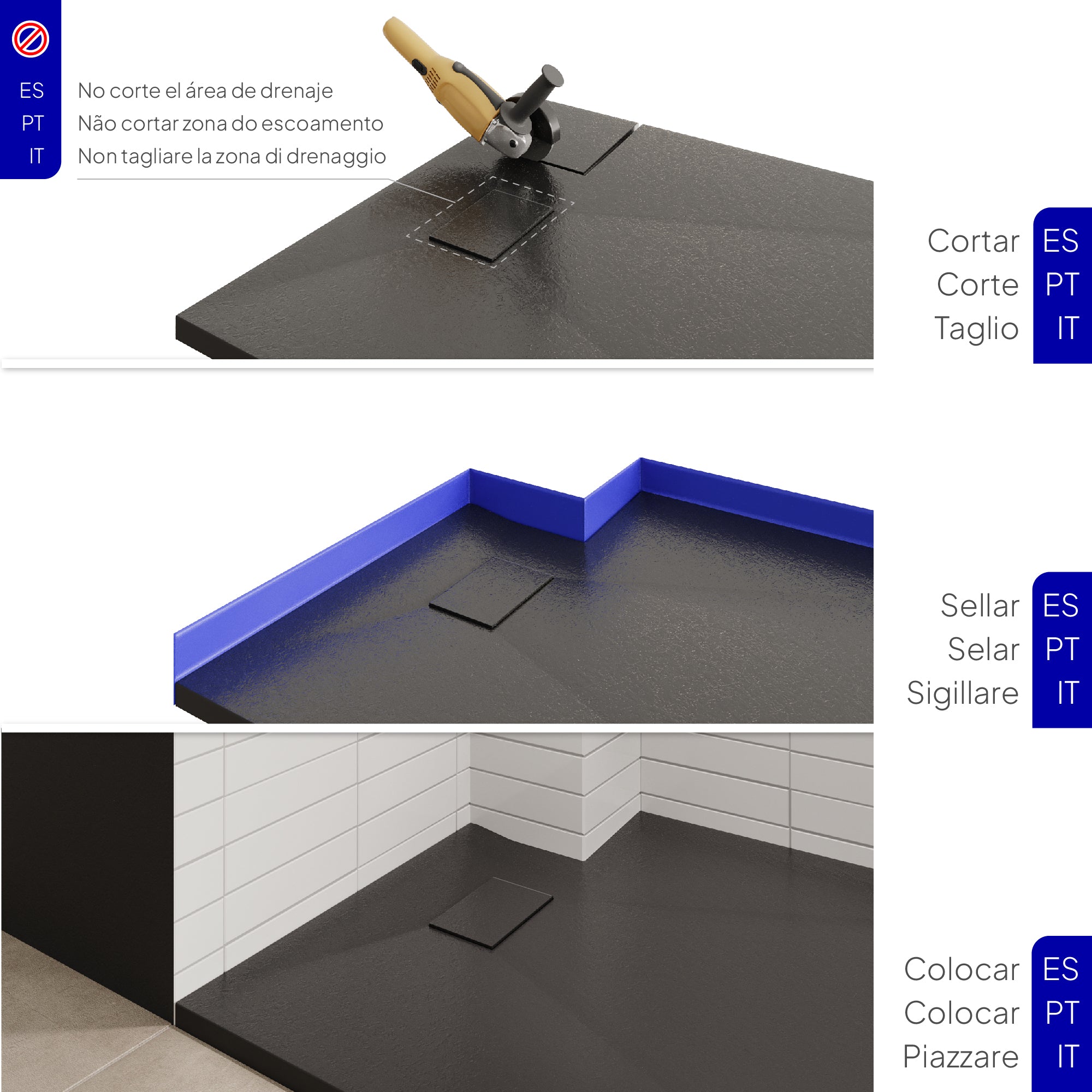 BOREAL - Base de duche antiderrapante com acabamento preto e sifão incluído