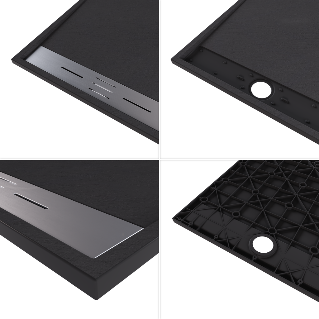 HIEMAL - Base de duche antiderrapante com acabamento preto e grelha inox incluída