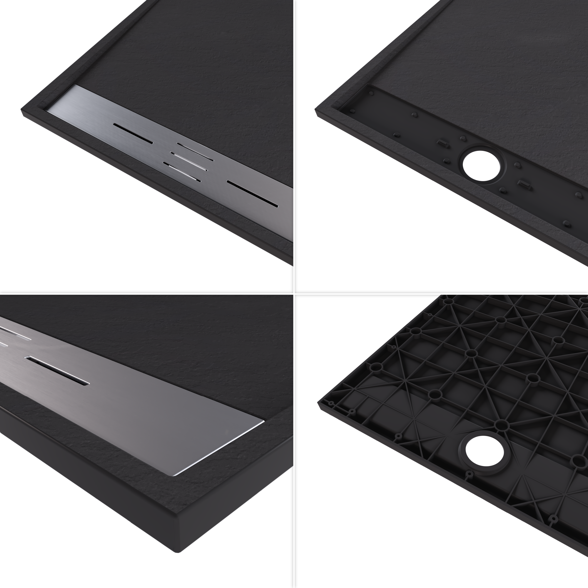 HIEMAL - Base de duche antiderrapante com acabamento preto e grelha inox incluída