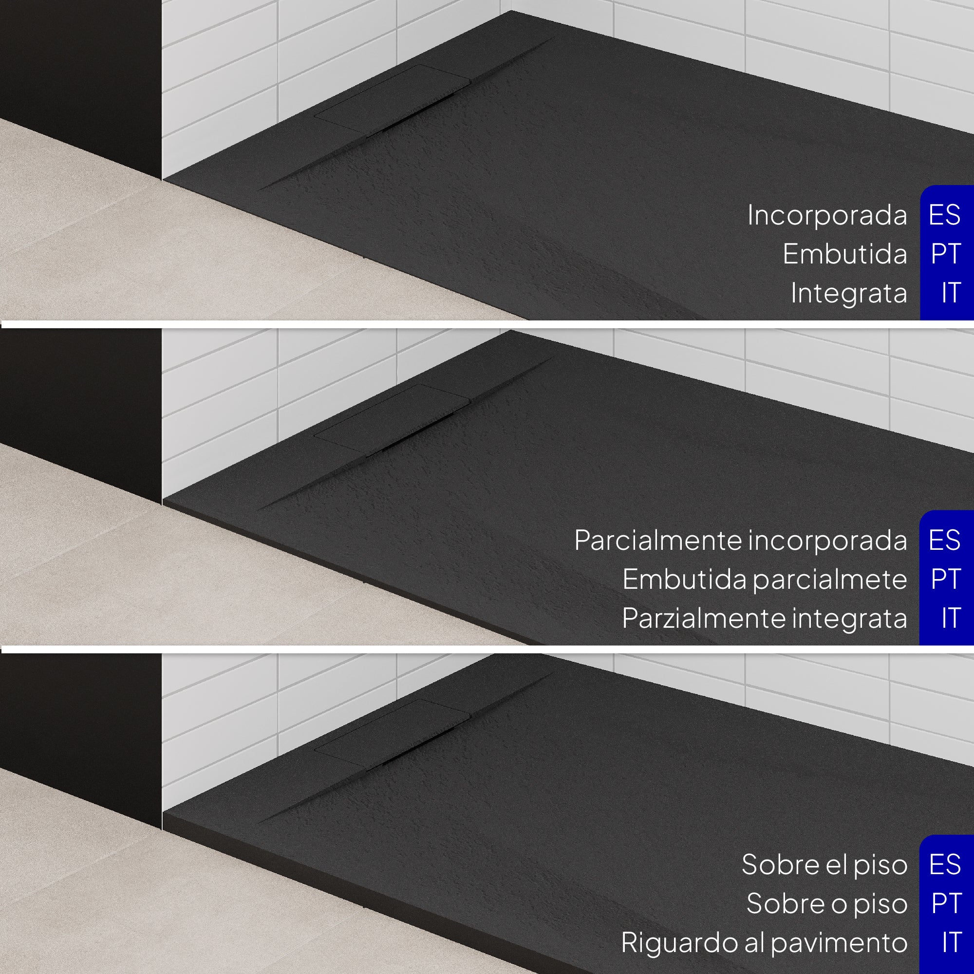 POLAR - Base de duche antiderrapante com acabamento preto e sifão incluído