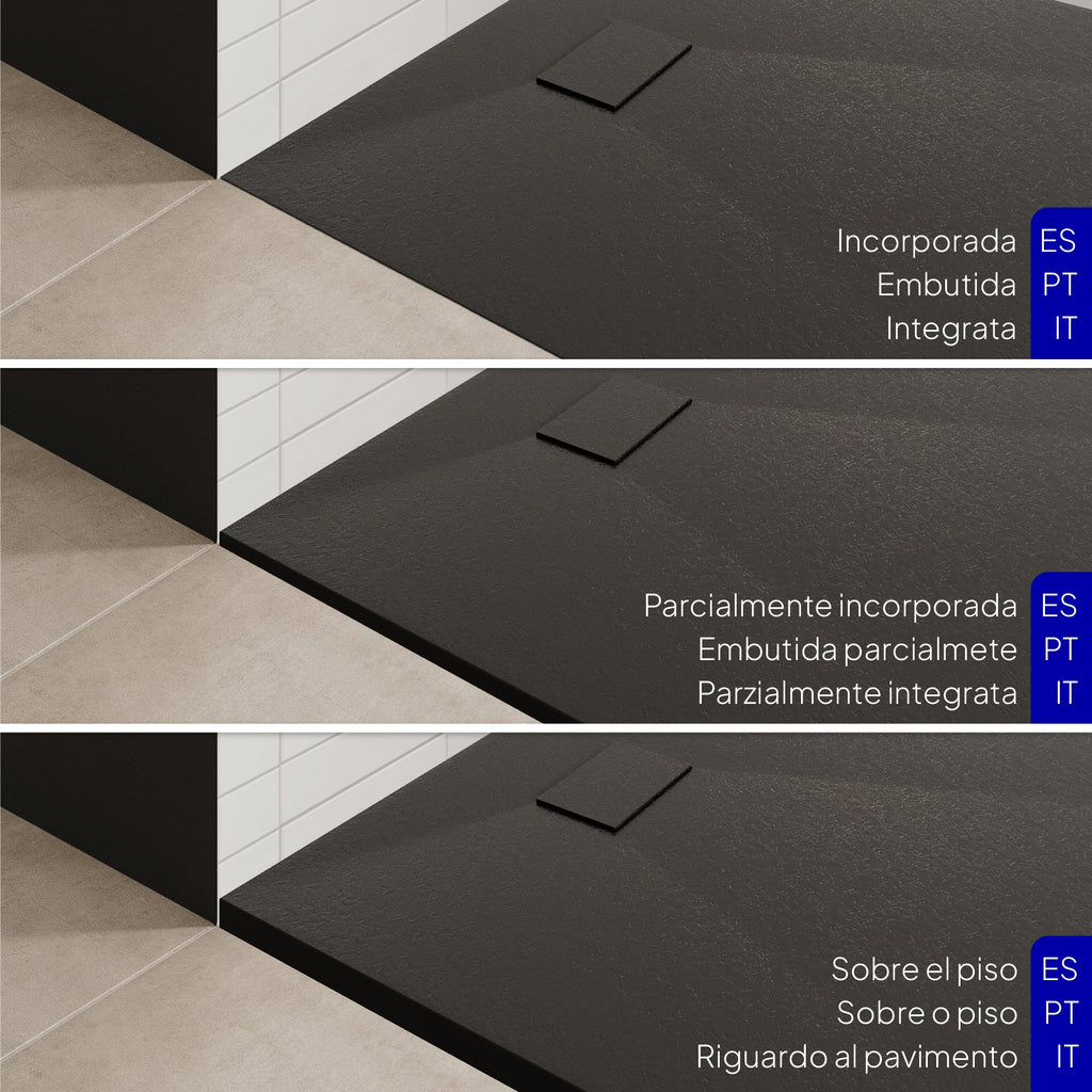 BOREAL - Base de duche antiderrapante com acabamento preto e sifão incluído
