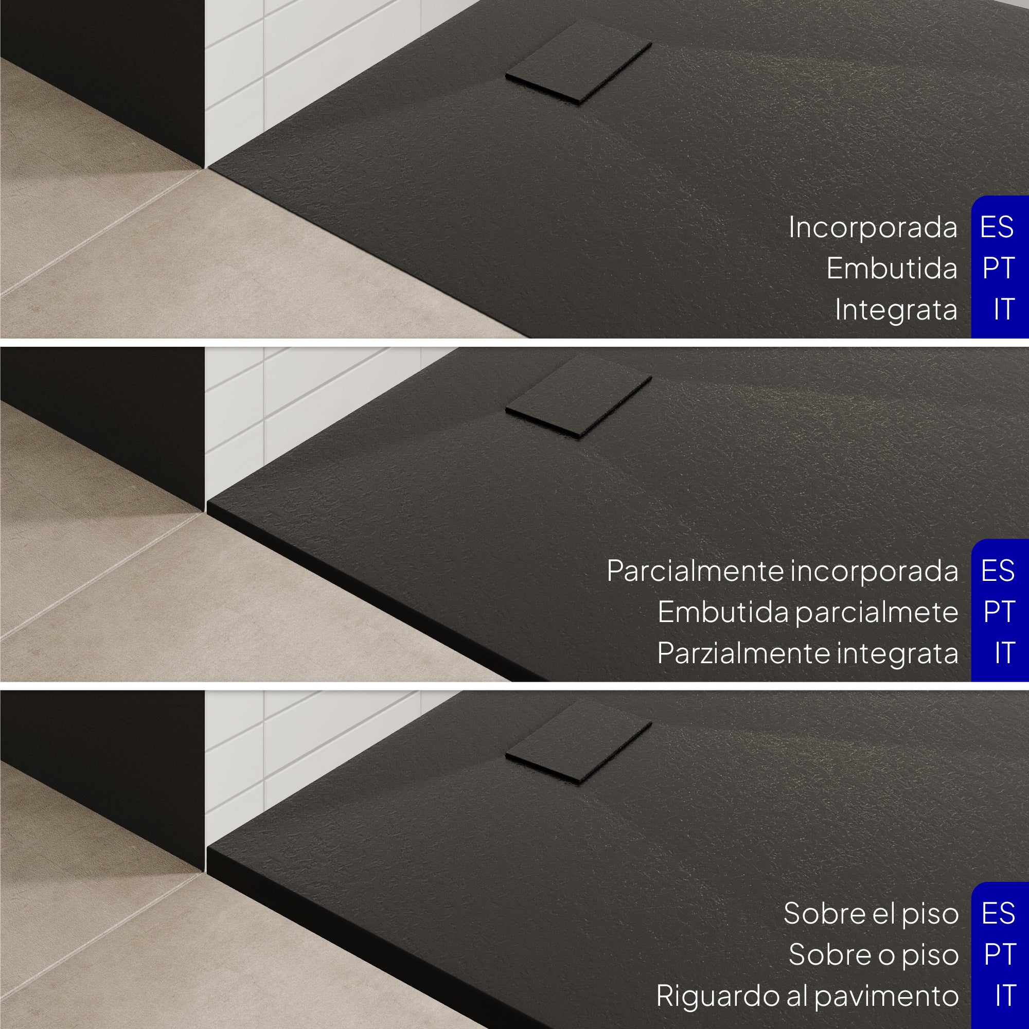 BOREAL - Base de duche antiderrapante com acabamento preto e sifão incluído