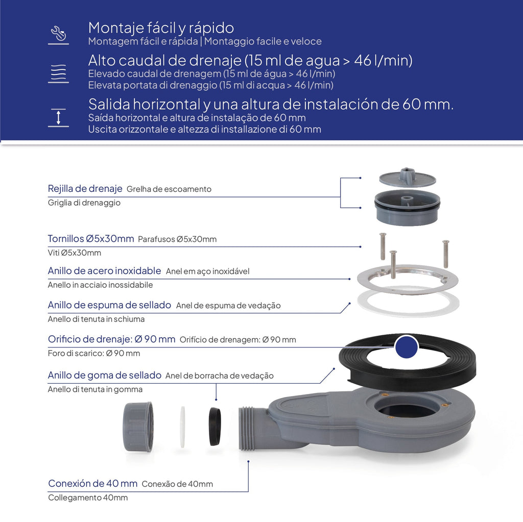 POLAR - Base de duche antiderrapante com acabamento branco e sifão incluído