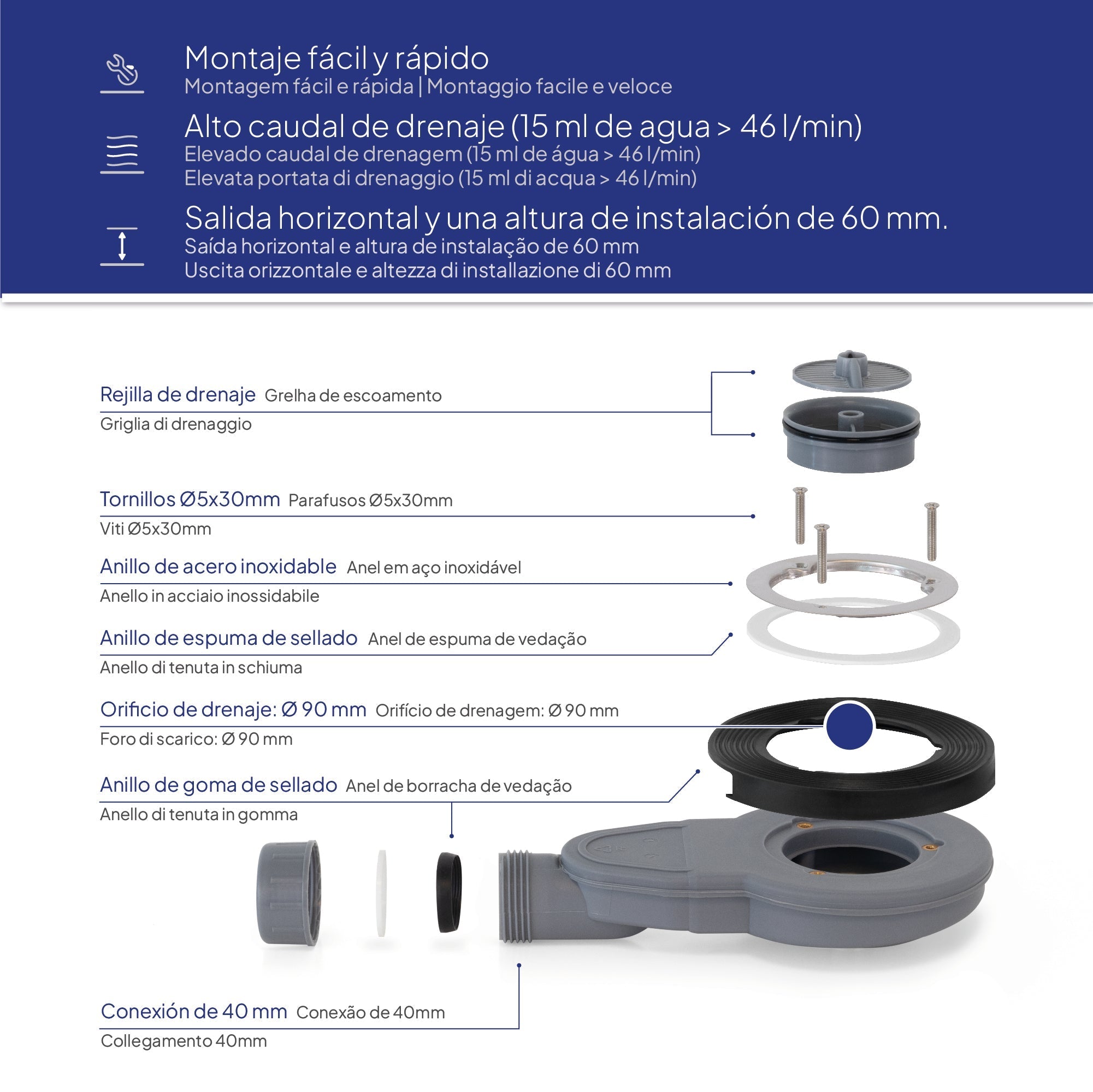 POLAR - Base de duche antiderrapante com acabamento branco e sifão incluído